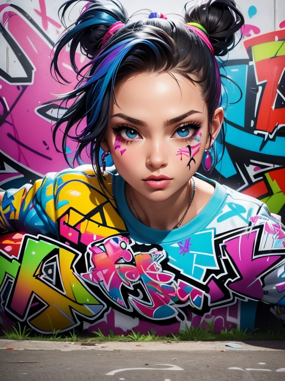 (best quality), (high detail), (vivid colors), (graffiti style), (freestyle), (Close up), (1girl), young sexy female graffiti artist, spraying graffiti on a wall painted with street art, HDR, 8K, 3D, graffiti art style.