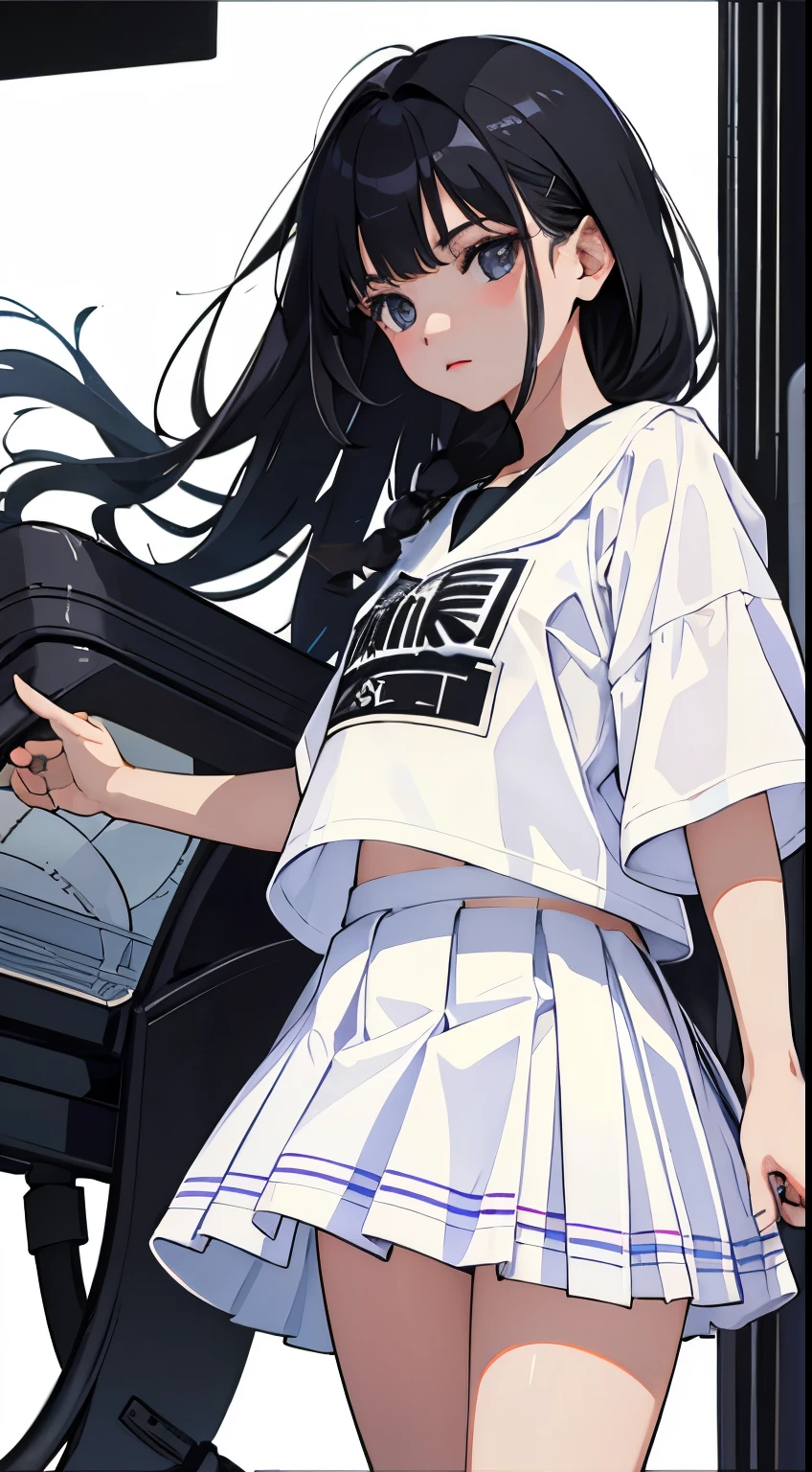 (child),(masterpiece,Top quality),White plaid pleated hort sleeve,black hair,long hair,Game Center