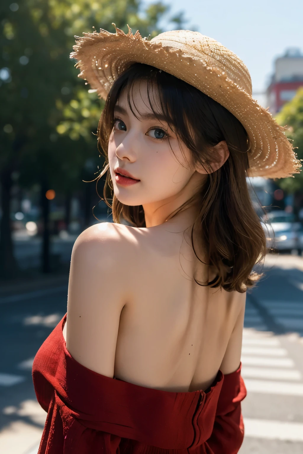 (best quality,4K,high resolution,masterpiece:1.4),Super detailed,Very detailed,sharp focus,Surreal:1.4,professional,HD images,bright colors,Bokeh,Beautiful and delicate eyes,Beautiful and delicate lips,long eyelashes,Romantic atmosphere,soft light,Contrast light and shadow,Lighting effects,high nose bridge,high nose，Yamane，young,Lively,Chubby cheeks,charming,graceful curves，blond，full，The background is clear，Los Angeles streets，girl，hollywood background，Wearing a cotton straw hat，red clothes