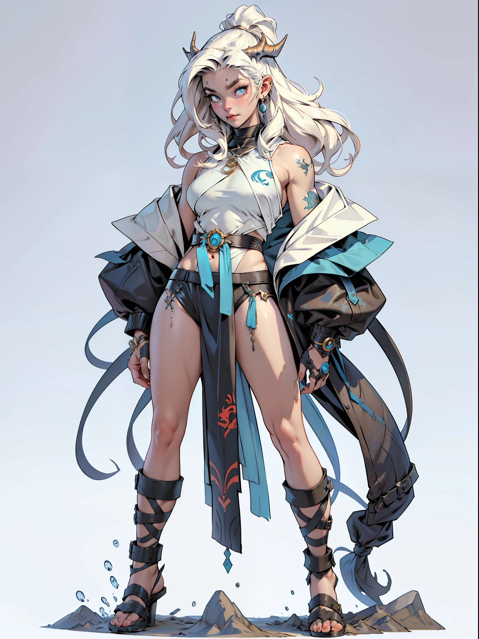 ((top-quality))、((tmasterpiece))、((Full body photo of a woman))、((very simple background))、(Game character design)、amazon warrior，Primitive barbarian tribal style，Water element chest shell，exposed navels，Animal skin clothing，cloaks，Blue clothes，Blue demon monster、monster design，(Water Goddess，Marine element merger)、Cartoony、Beastman、Ivory ornaments、独奏、Fighting posture，Riot game concept art