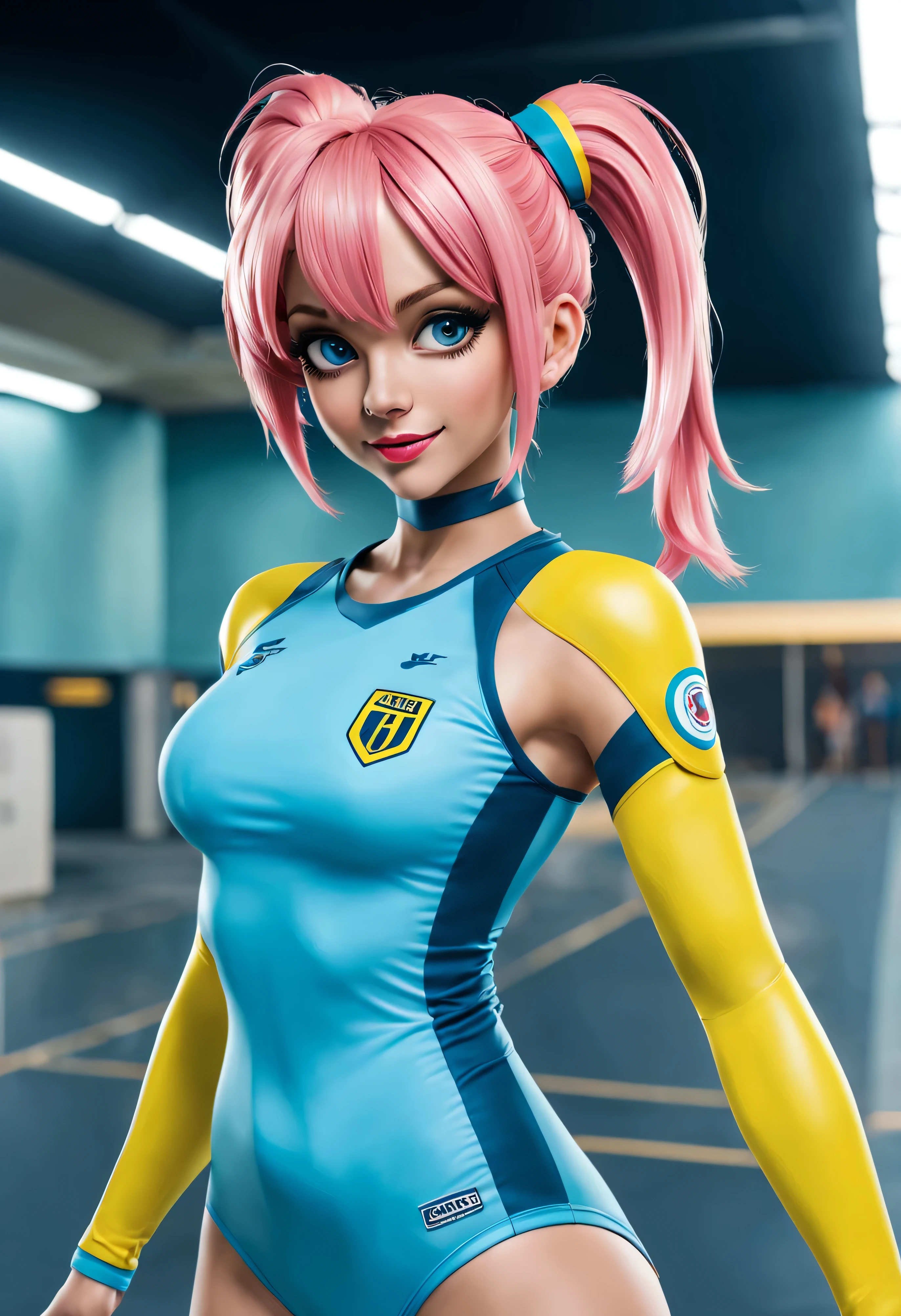 (cuerpo completo), hembra alienigena , sonriente, super bella, atletica, piel celeste tono pastel, pelirroja , ojos verdosos, vestida con camiseta de futbol amarilla clara con tres rayas en los hombros y calzona azul con tres rayas amarillas a cada lado, medias azules con ribete amarillo , (se encuentra en centro de control de estacion espacial),detalles intrincados de la maquina de alta calidad), estilo cinematografico, nitidez absoluta, imagen 8k.(obra maestra).fondos de pantalla, ultra detallado.