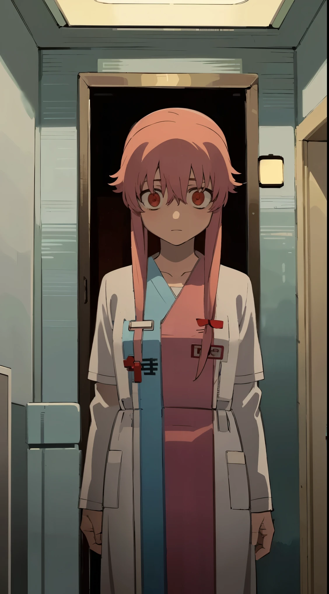 anime_still, Yuno Gasai stands in the center of a (hospital gown:1.5), her red eyes reflecting her insanity. Surrounding her is the eerie interior of a psychiatric hospital, with the walls of her ((padded room)) bearing witness to her torment. The dim lighting casts haunting shadows, adding to the atmosphere of the asylum.