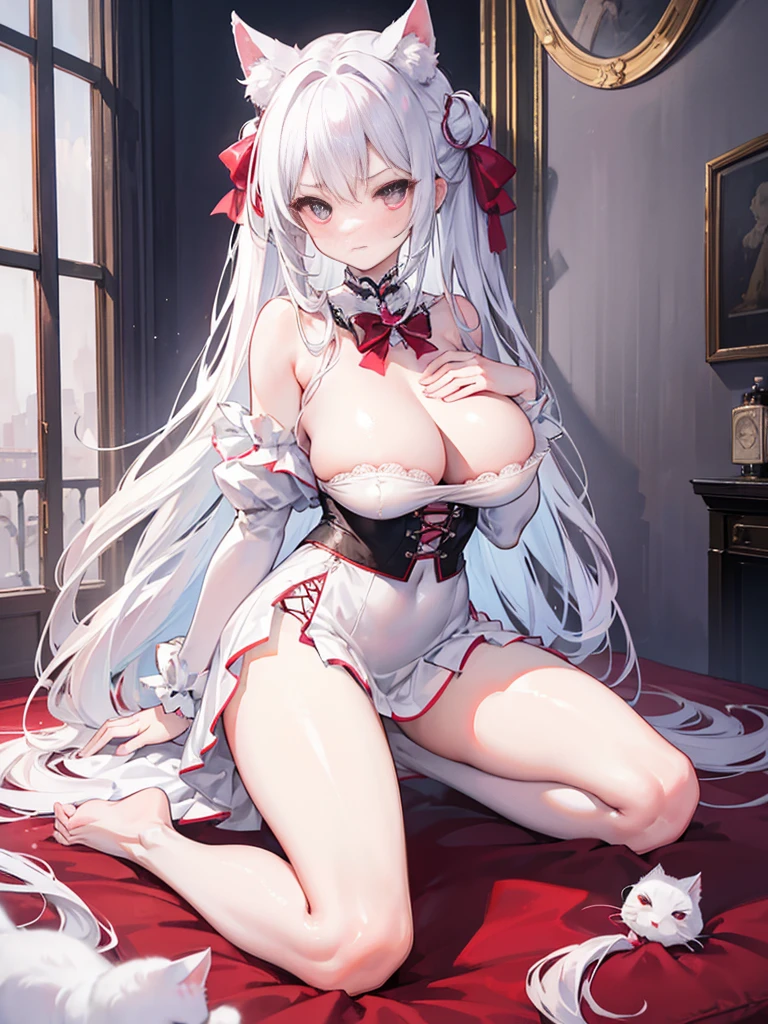 big breasts,突出big breasts,Wearing maid outfit,blush, surprise,look at me,red pupils,Lace tights,beautiful hair、 beautiful eyes、 beautiful skin、beautiful legs、beautiful arms、perfect fingers、 very cute,white hair, long hair,white cat ears, white cat tail,best quality,high resolution,top quality、 looking at the audience,sitting,kneeling&Place on the bed,Knees together,internal figure eight,pink bows,slender eyebrows,hair slightly moist,On a very large white bed, white pillows,perfect waist,Skirt has cutouts at the end,Pouting,The clothes are a little wet,,very young,18 years old,shy smile,Long messy white hair tied up,tempting pose,chiaroscuro,bare shoulders,Naked room,slit sleeves,There are a few drops of water on the breast,bare legs,barefoot,Ray tracing,disdainful expression,Lift up the skirt slightly with both hands,Beautiful girl alone,Most of the body is exposed,