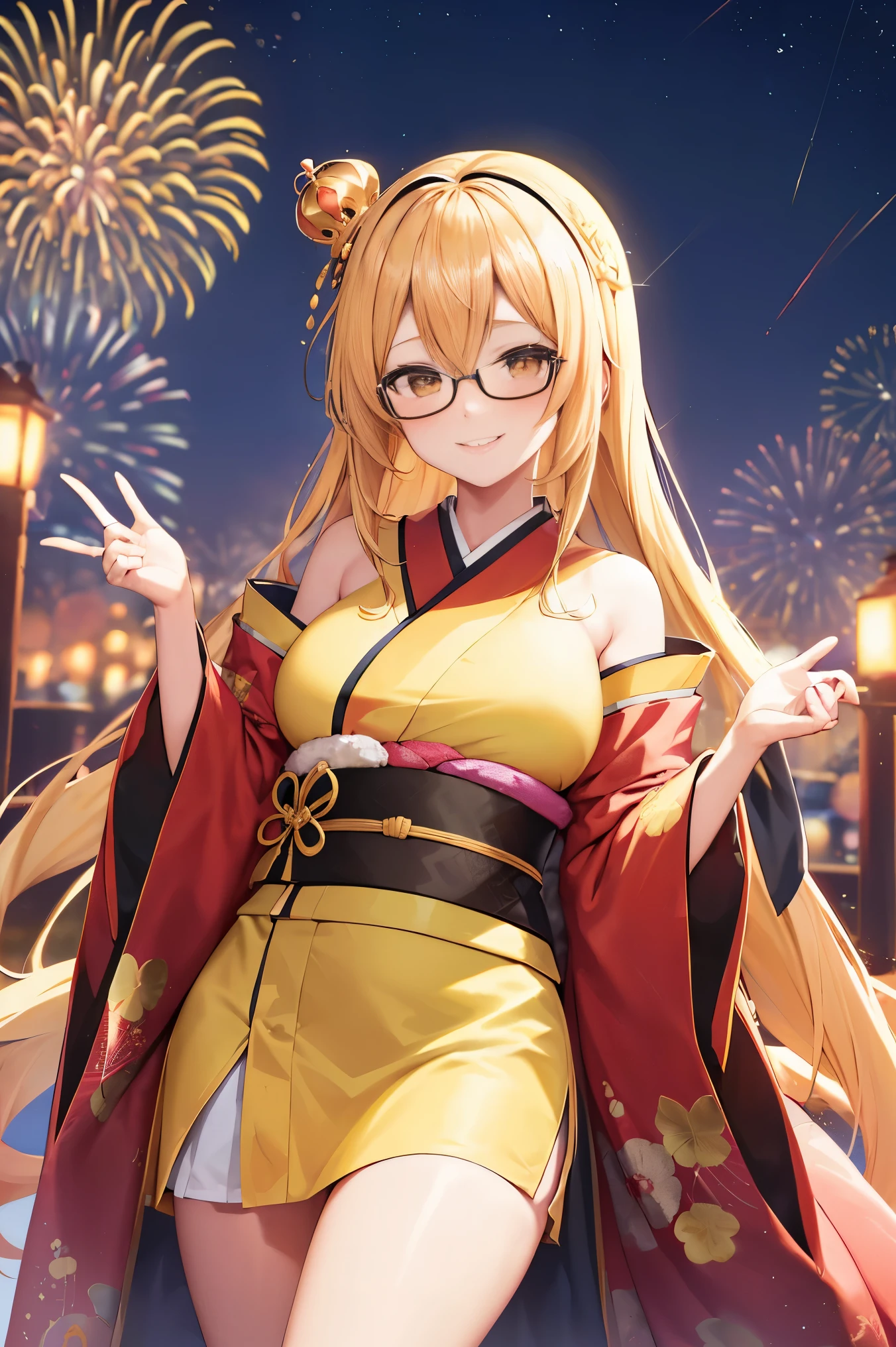 "anime girl, 1 person, bright blonde hair, yellow eyes, glasses, crown on head, female kimono, yellow kimono with black trim with intricate patterns, big breasts, long stockings, standing cross-legged, angle view from different directions, solo, shy smile, blushing, festival, night, New Year's Eve fireworks, watching fireworks (full HD 4K+ image)"