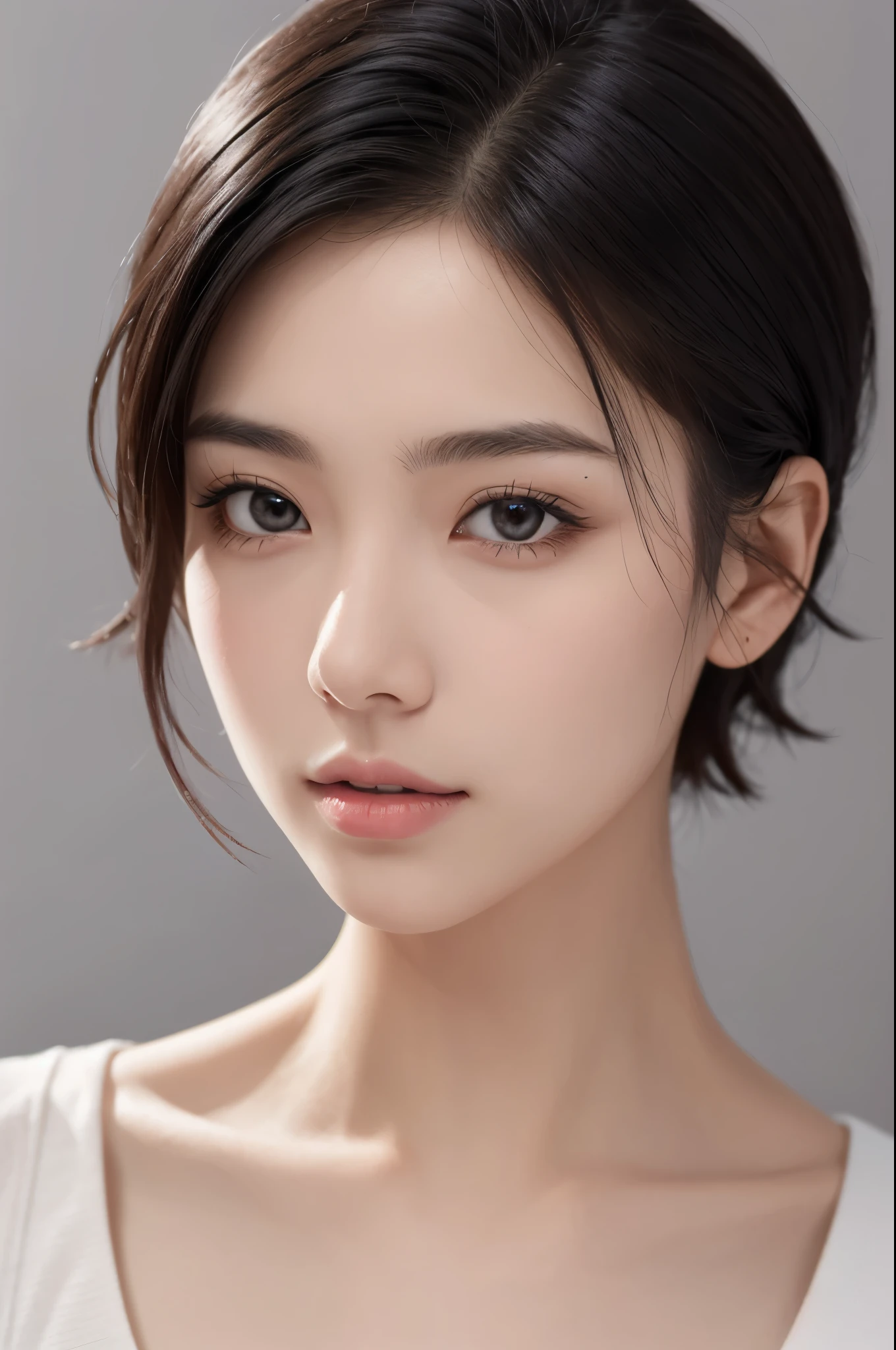 natural skin,(close-up:1.0) photo of as (young:1.0) woman, (oiled skin:1.0), (tilted angle shot:1.0), (slick undercut hair:1.2), (8k uhd:1.0), (best quality:1.0), (masterpiece:1.0), (sharp focus:1.0), (basic grey backdrop:1.0),