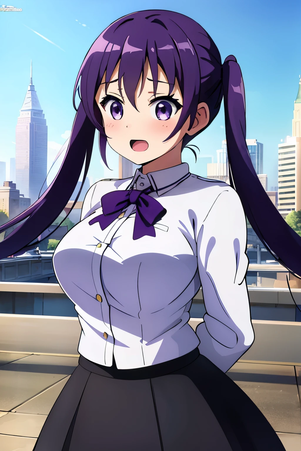 ((Highest quality)), (masterpiece), purple hair, long hair, twin tails, Purple eyes, bangs, blush, hair between eyebrows, (laugh with open mouth), large breasts, athlete body, shirt, black pleated skirt, arms behind back, city, blue sky