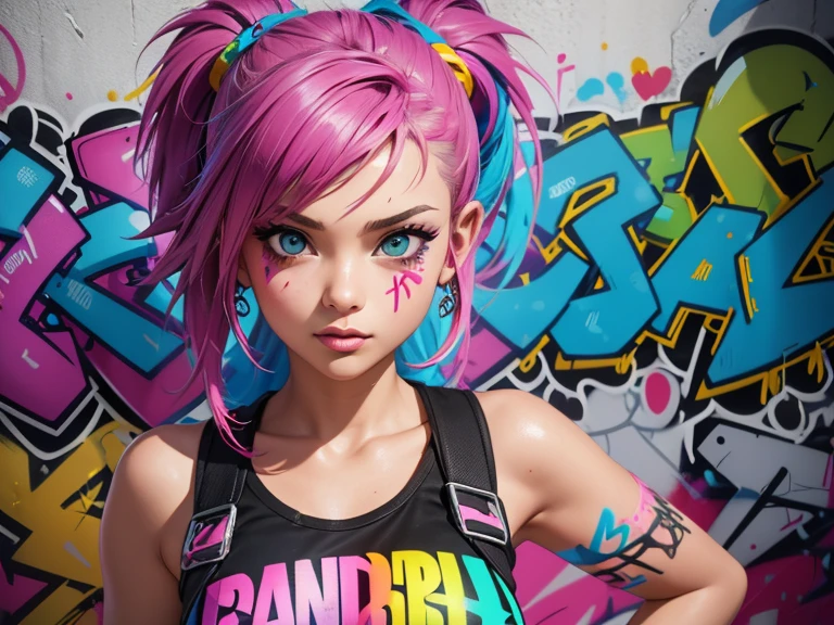 (best quality), (high detail), (vivid colors), (graffiti style), (freestyle), (Close up), (1girl), sexy female graffiti artist, spraying graffiti on a wall painted with street art, HDR, 4K, 3D, graffiti art style.
