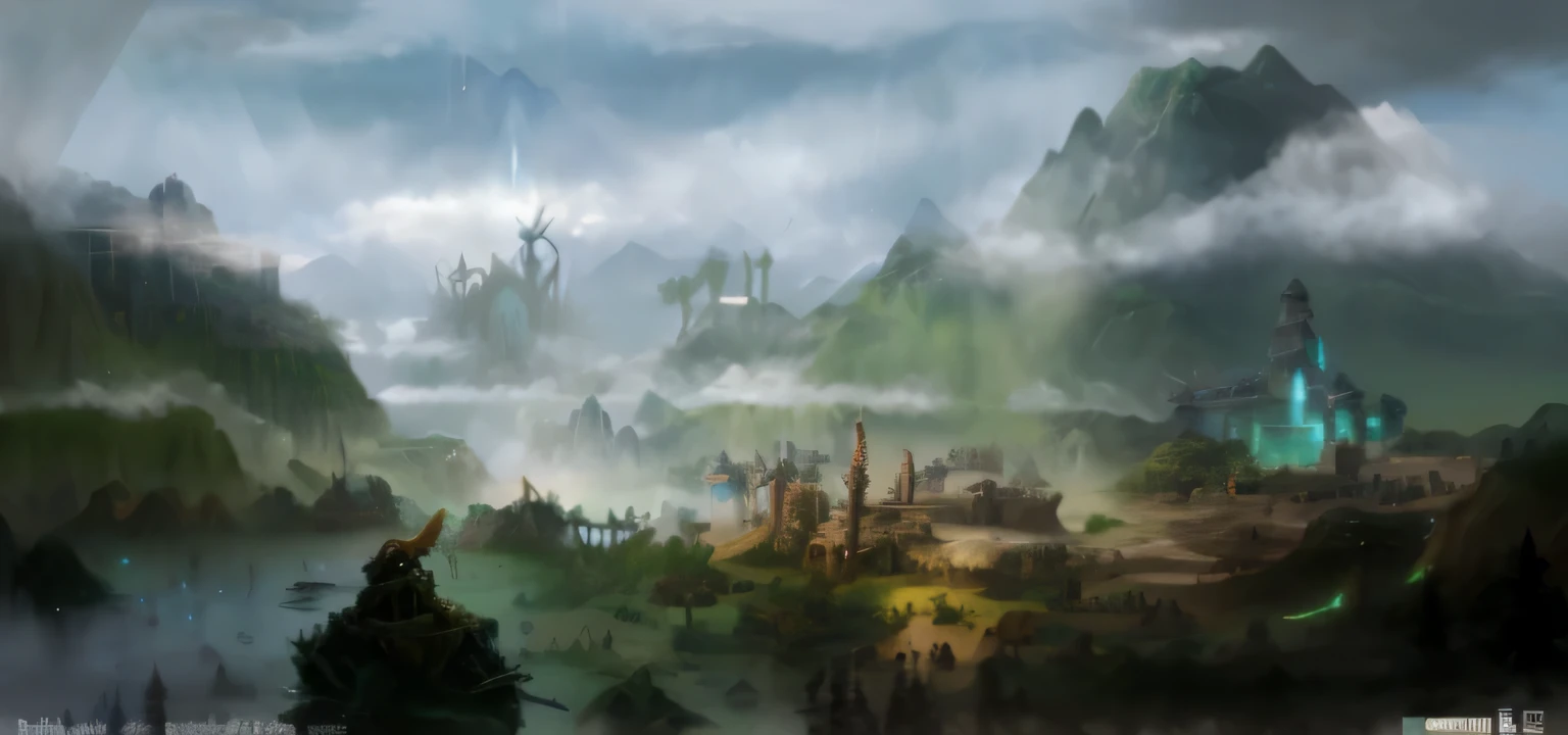 painting of a ancient forestry magic fantasy city with mountains in the background, fantasyconcept art, dota matte painting concept art, dota! matte painting concept art, medeival fantasy town, epic fantasy concept art, fantasy concept art, final fantasy vll world concept, high fantasy concept art, highly detailed fantasy art, concept art highly detailed, dragon age concept art