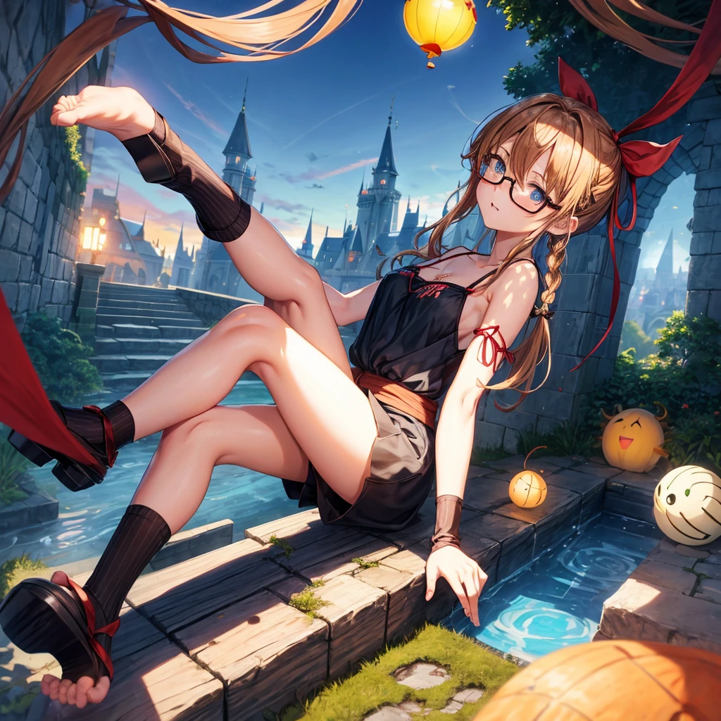 reddish-brown blonde、blue hair、blue eyes、Braid、one good looking girl、solo、anime、lattice柄のミニスカート、camisole、black t-shirt、Tilting your face、Doing the ribbon、Ribbon at waist、sunset sky、stone stairs、tunnel、Fallen leaves、wearing glasses、Burning、Light and shadow、maze、balloon、monster castle、lanthanum、corridor、Black socks、mossy stone、One leg is raised、lattice