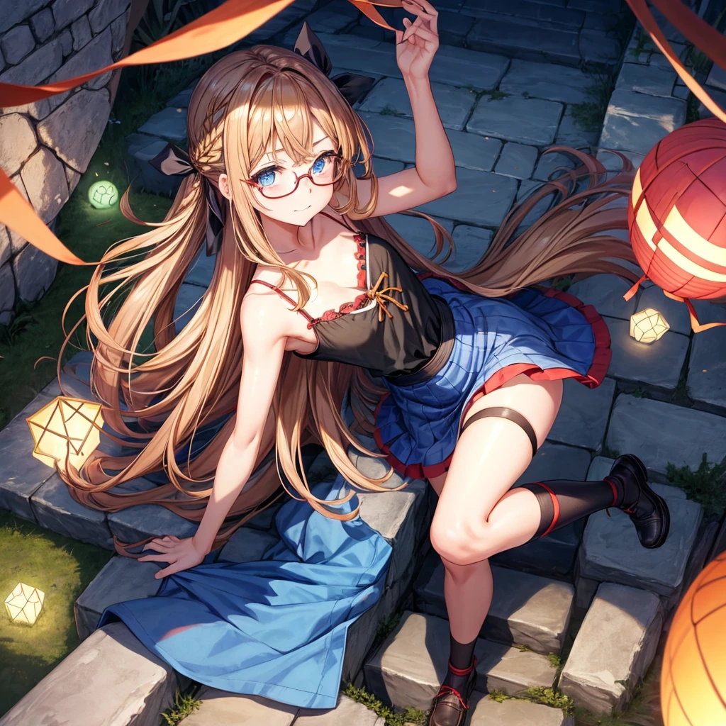 reddish-brown blonde、blue hair、blue eyes、Braid、one good looking girl、solo、anime、lattice柄のミニスカート、camisole、black t-shirt、Tilting your face、Doing the ribbon、Ribbon at waist、sunset sky、stone stairs、tunnel、Fallen leaves、wearing glasses、Burning、Light and shadow、maze、balloon、monster castle、lanthanum、corridor、Black socks、mossy stone、One leg is raised、lattice