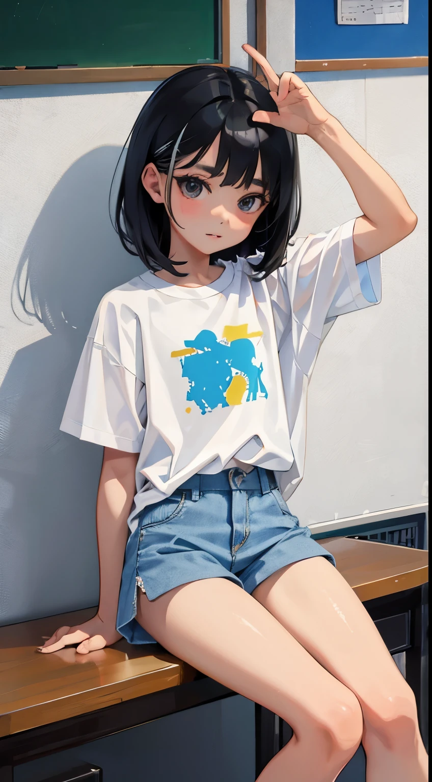 (),(masterpiece,Top quality),White plaid shorts,short sleeve,black hair,classroom,art