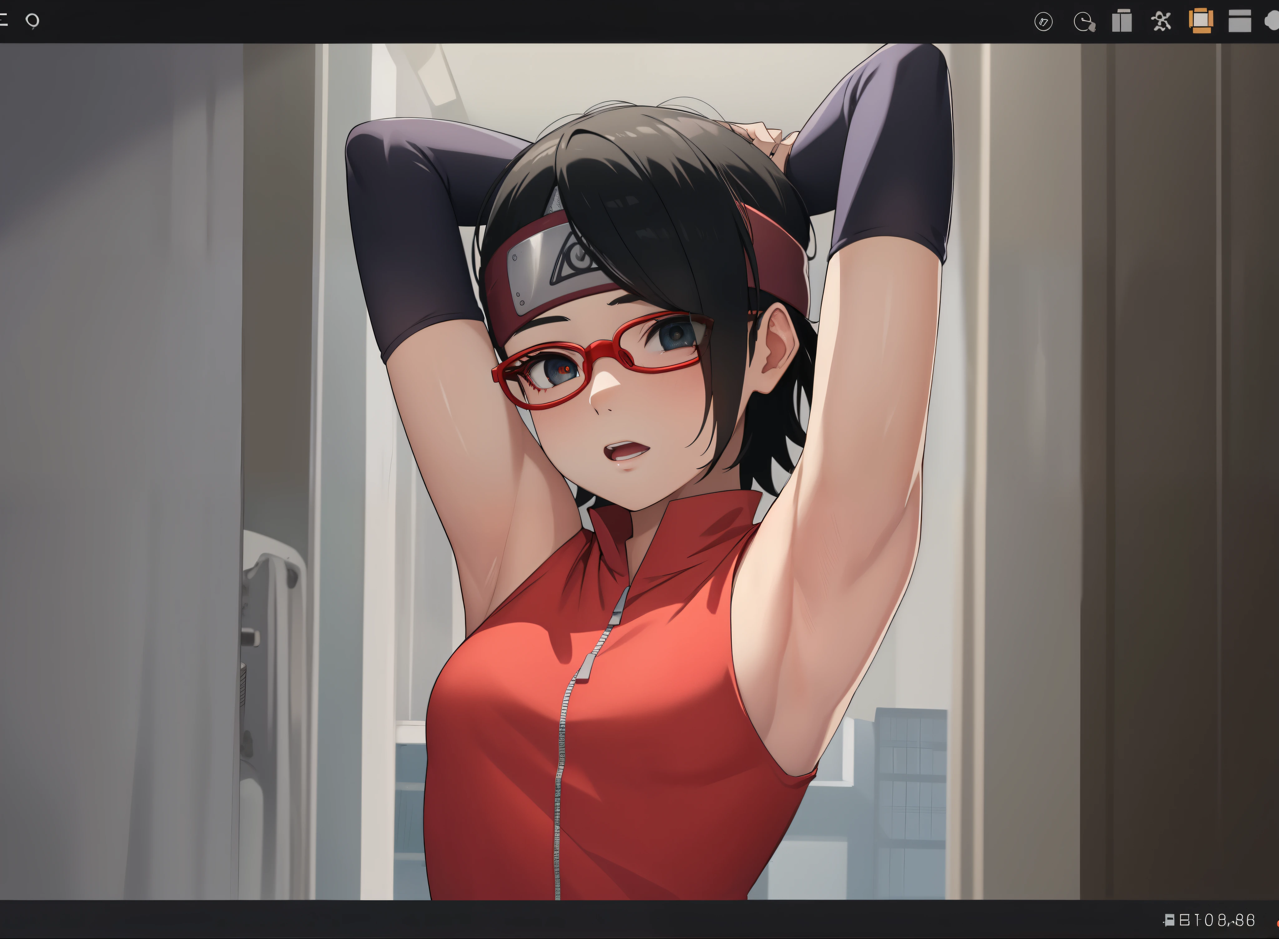 sarada uchiha, 1girl ,solo, black hair, short hair, ((black eyes)), skinny, arms up, (arms above head:1.5)
BREAK arm warmers, forehead protector, (dress:1.1), bare shoulders, glasses
BREAK looking at viewer, upper body, 
BREAK (masterpiece:1.2), best quality, high resolution, unity 8k wallpaper, (illustration:0.8), (beautiful detailed eyes:1.6), extremely detailed face, perfect lighting, extremely detailed CG, (perfect hands, perfect anatomy),