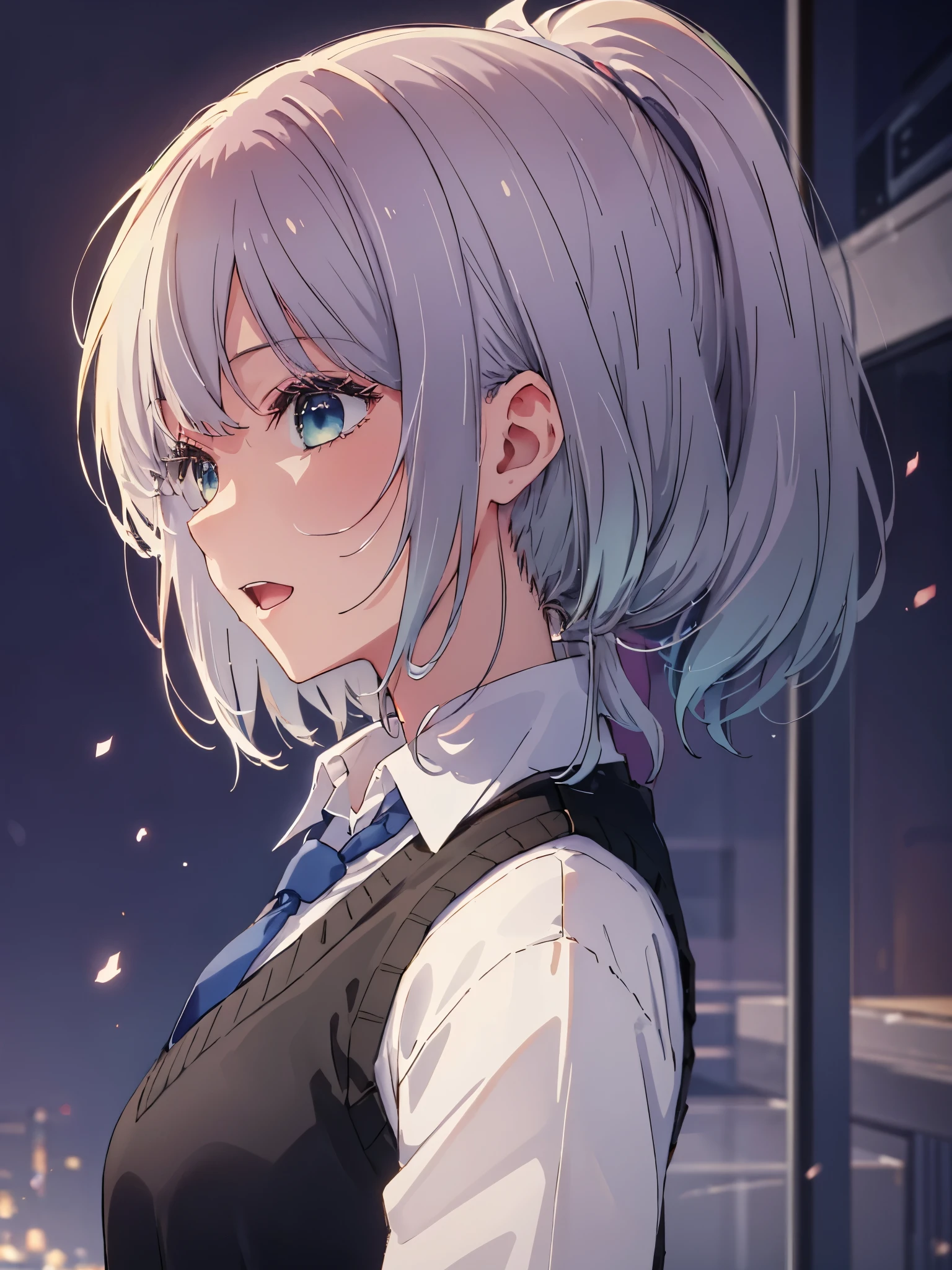 beautiful lighting, 1 girl, solo, Akane, white shirt, sweater vest, black vest, blue tie, ((anime style))、((2D))、laughter、open your mouth、(((ponytail)))