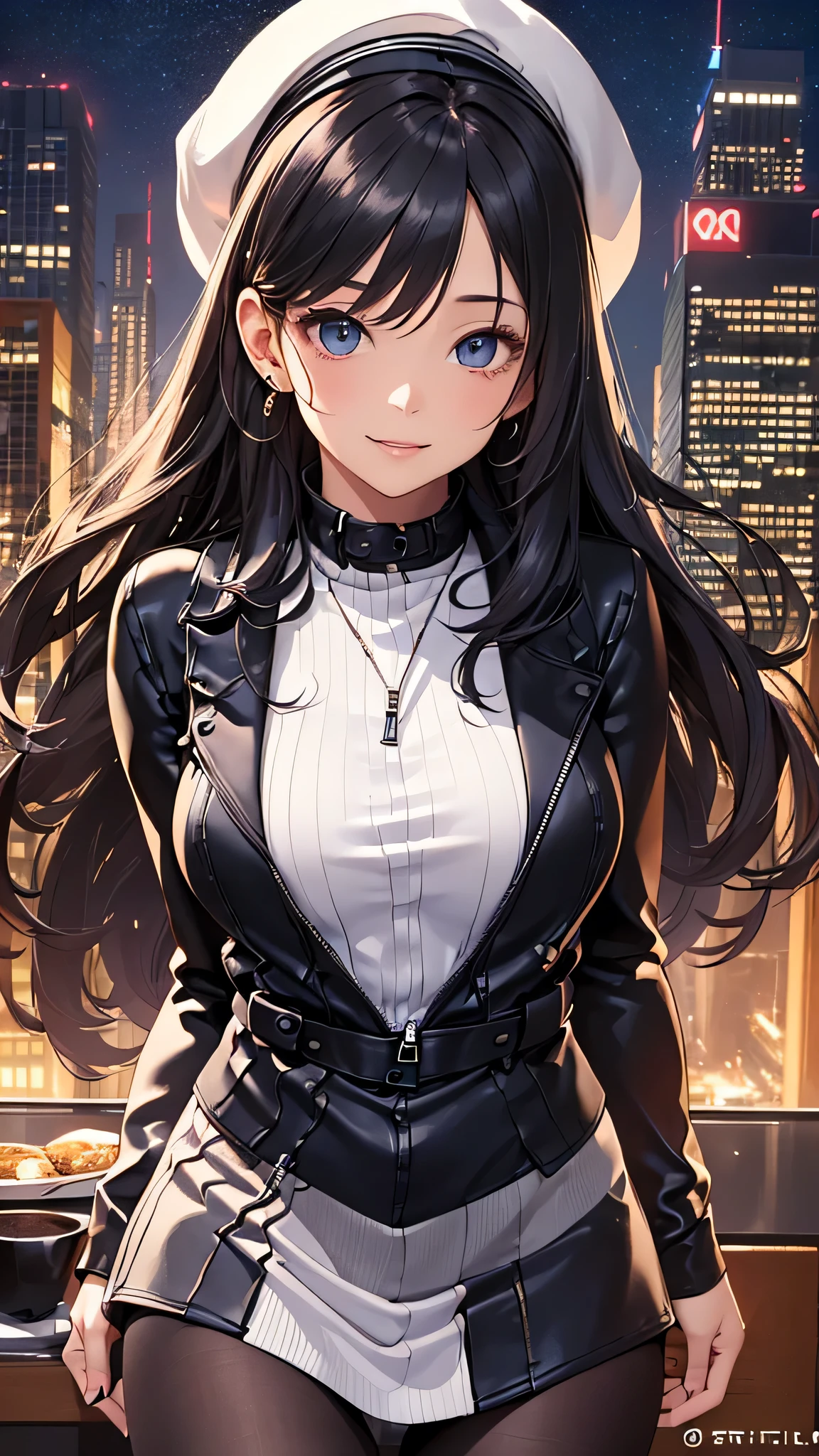 最high quality、best image quality、masterpiece、teenage girl((18-year-old、 By becoming、vest bust、medium bust,wide open breast tea、black eye, black hair、long hair、thin,highest valley、black hoodie(2:3),white skirt、sit、open thighs、cute blue hat、leaning forward(2:3),smile)),high quality、beautiful art、background((City of night、Restaurant Area)),debris flies、Depth of written boundary、movie、visual art、perfect art、8K,genuine