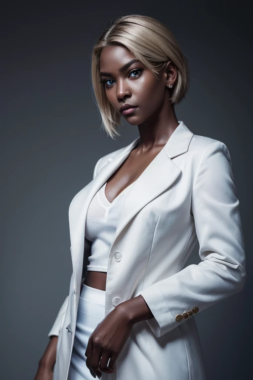 dark-skinned black man、black skin、Full body shot beautiful female doctor、Doctor's Uniform、Background Hospital、wearing a white coat 、white blouse、Tight Skirt、Slim body type、big breasts、slim girl model、24 year old female model、long legs、highest quality、masterpiece、ultra high resolution、 (photorealistic:1.4), Raw photo, 1girl, blonde hair, blue eyes, detailed eyes and face, dynamic lighting, darkness, deep shadow, low key,short hair, Silver hair color, highest quality, masterpiece, ultra high resolution, (photorealistic:1.4), Raw photo, 1girl, blonde hair, blue eyes, detailed eyes and face, dynamic lighting, , deep shadow, low key、
