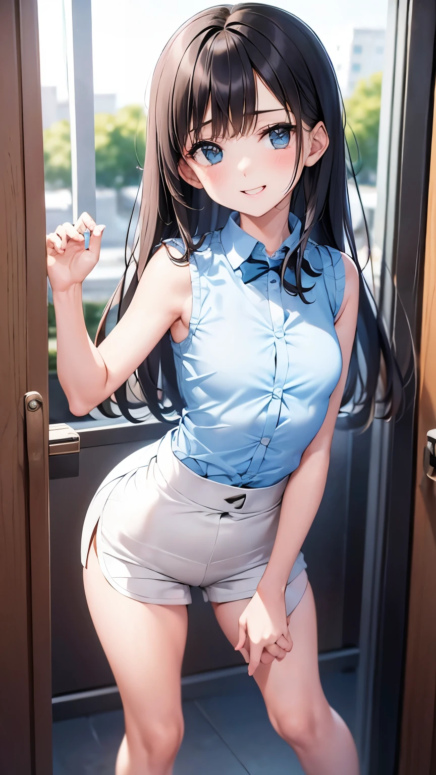 (masutepiece, Highly detailed 8K CG, Sharp lines, of the highest quality, Realistic), 1 girl, anmi, Solo, High School Uniform, Light white shirt, Navy blue miniskirt: 1.5, slim, (Shiny skin, Sweating: 1.4), Colorful, Ridiculous, Watch Viewer, Long double ponytail, Black hair, Brown eyes, dynamic light and shadow, High resolution, Sharp Focus, depth of fields, Detailed eyes, Sharp pupils, Realistic pupils, tiny chest:, (Thigh thin: 1.1), plein air, skyporn, White socks, White ribbon hair ornament, Squatting, Skirt lift, White panties, From below