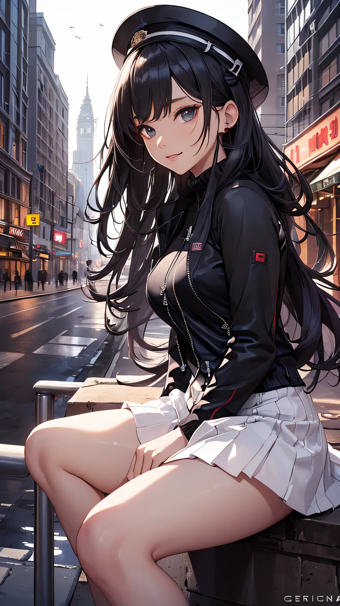 最high quality、best image quality、masterpiece、teenage girl((18-year-old、 By becoming、vest bust、medium bust,wide open breast tea、black eye, black hair、long hair、thin,highest valley、black hoodie(2:3),white skirt、sit、open thighs、cute blue hat、leaning forward(2:3),smile)),high quality、beautiful art、background((City of night、Restaurant Area)),debris flies、Depth of written boundary、movie、visual art、perfect art、8K,genuine