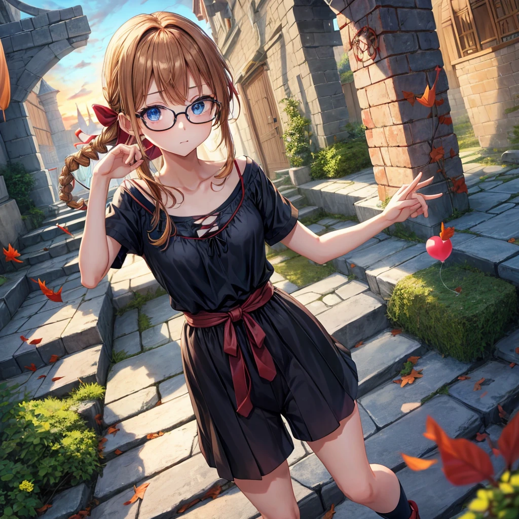 reddish-brown blonde、blue hair、blue eyes、Braid、one good looking girl、solo、anime、lattice柄のミニスカート、camisole、black t-shirt、Tilting your face、Doing the ribbon、Ribbon at waist、sunset sky、stone stairs、tunnel、Fallen leaves、wearing glasses、Burning、Light and shadow、maze、balloon、monster castle、lanthanum、corridor、Black socks、mossy stone、One leg is raised、lattice