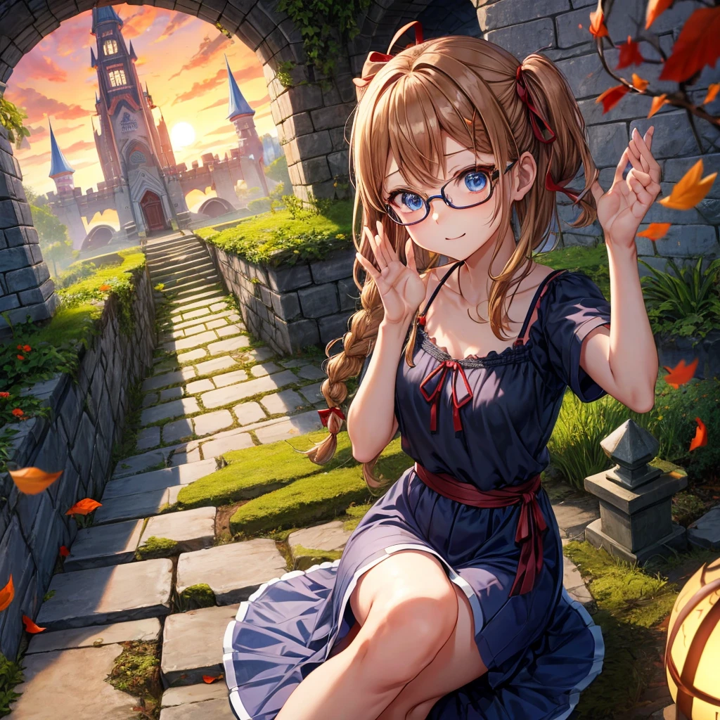 reddish-brown blonde、blue hair、blue eyes、Braid、one good looking girl、solo、anime、lattice柄のミニスカート、camisole、black t-shirt、Tilting your face、Doing the ribbon、Ribbon at waist、sunset sky、stone stairs、tunnel、Fallen leaves、wearing glasses、Burning、Light and shadow、maze、balloon、monster castle、lanthanum、corridor、Black socks、mossy stone、One leg is raised、lattice