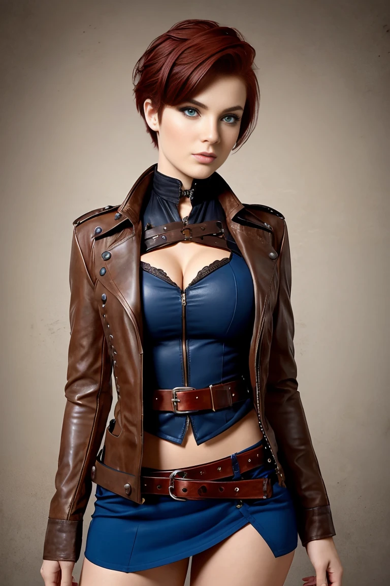 25 year old european woman with short undercut deep red hair dressed in a steampunk outfit with leather miniskirt, cleavage, belt. Blue eyes with eye liner. Neutral background