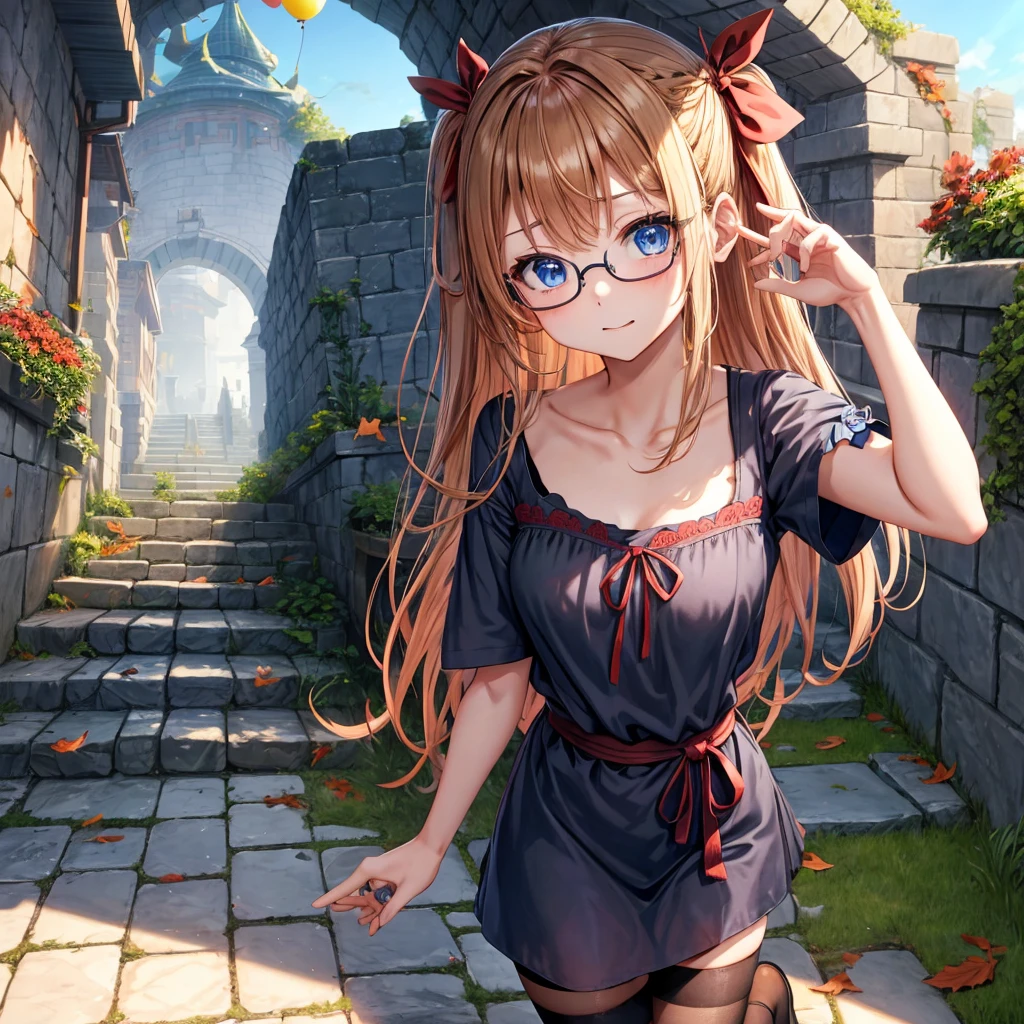 reddish-brown blonde、blue hair、blue eyes、Braid、one good looking girl、solo、anime、lattice柄のミニスカート、camisole、black t-shirt、Tilting your face、Doing the ribbon、Ribbon at waist、sunset sky、stone stairs、tunnel、Fallen leaves、wearing glasses、Burning、Light and shadow、maze、balloon、monster castle、lanthanum、corridor、Black socks、mossy stone、One leg is raised、lattice