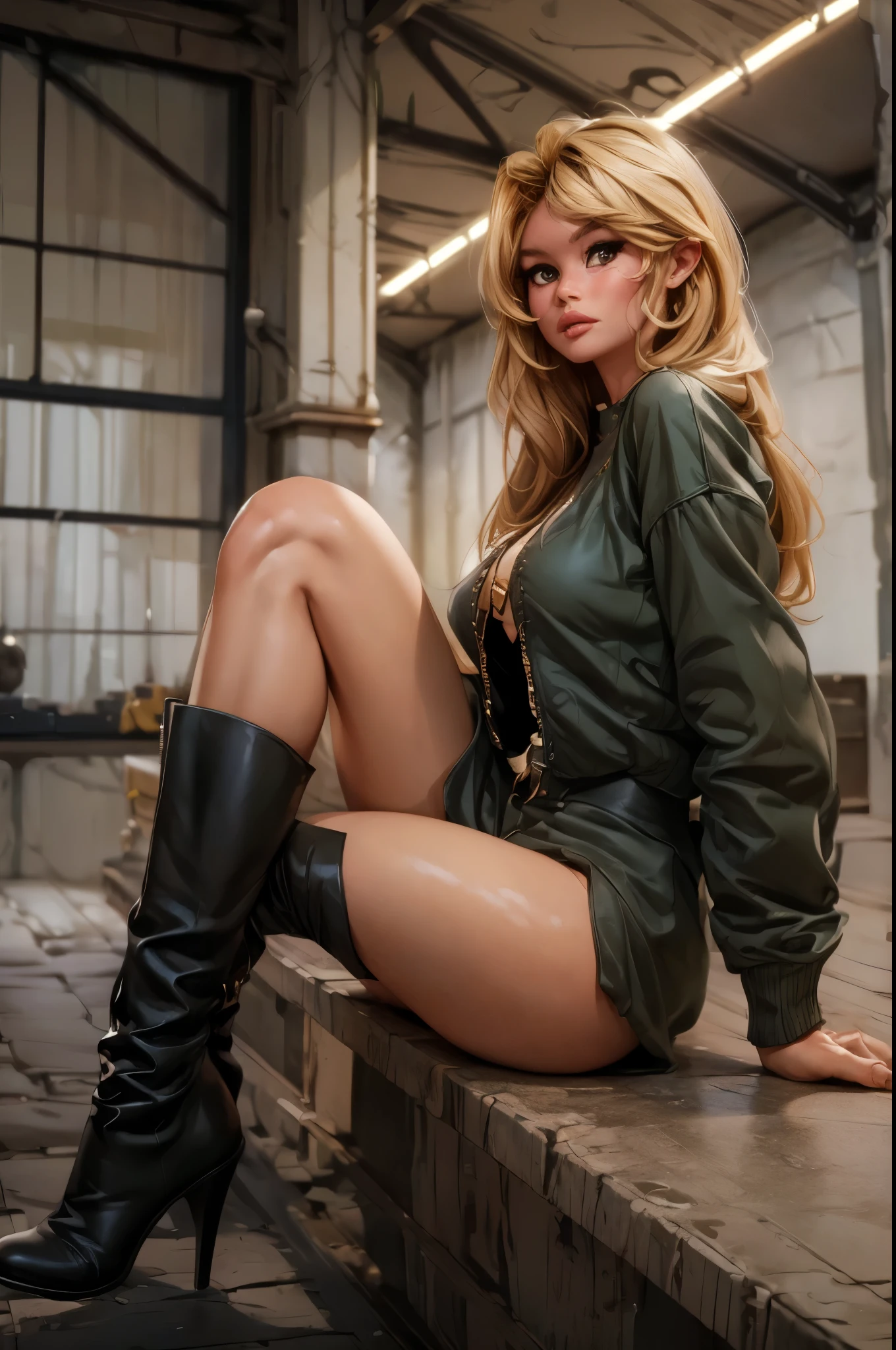 ((bbardot aesthetic)), ((masterpiece)),(((best quality))), ((mature face)), defined cheekbones, high cheekbones, illustration, boots, perfect legs, perfect thighs, perfect feet