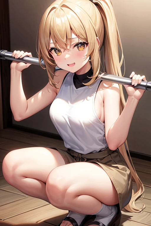 Marisa Drizzle、yellow short sleeve cut and sew、white shorts、Sweat、High precision、highest quality、high resolution、beautiful、cute、long blonde hair、yellow eyes、ponytail、small breasts、Sweatが滴る、smile showing teeth、carry a barbell on your shoulders、training、Moving、squat、バーベルsquat