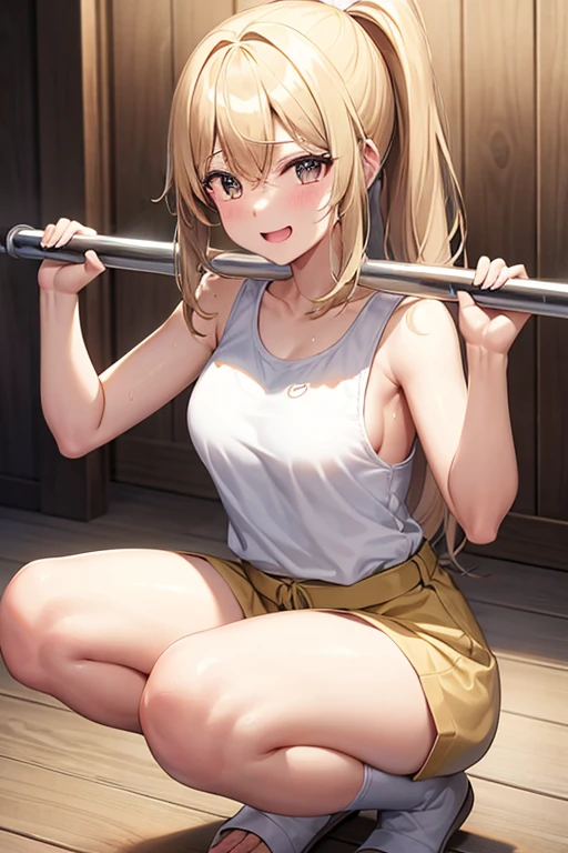 Marisa Drizzle、yellow short sleeve cut and sew、white shorts、Sweat、High precision、highest quality、high resolution、beautiful、cute、long blonde hair、yellow eyes、ponytail、small breasts、Sweatが滴る、smile showing teeth、carry a barbell on your shoulders、training、Moving、squat、バーベルsquat