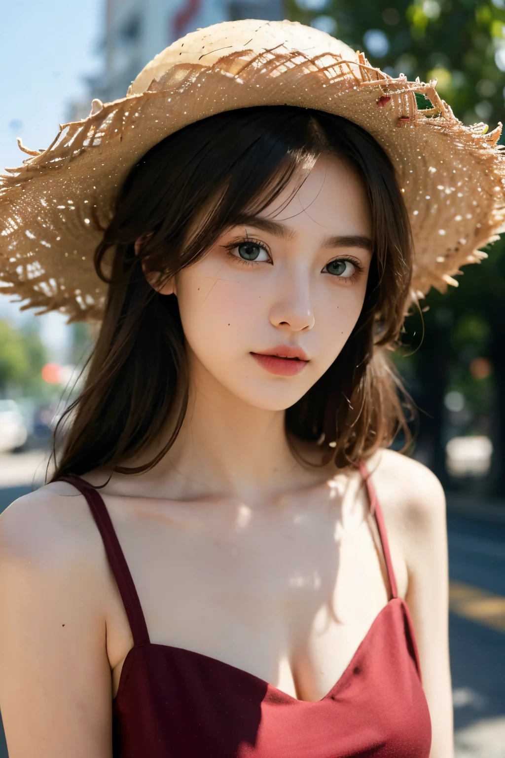 (best quality,4K,high resolution,masterpiece:1.4),Super detailed,Very detailed,sharp focus,Surreal:1.4,professional,HD images,bright colors,Bokeh,Beautiful and delicate eyes,Beautiful and delicate lips,long eyelashes,Romantic atmosphere,soft light,Contrast light and shadow,Lighting effects,high nose bridge,high nose,Yamane,young,Lively,Chubby cheeks,charming,graceful curves,blond,full,The background is clear,Los Angeles streets,girl,hollywood background,Wearing a cotton straw hat,red clothes