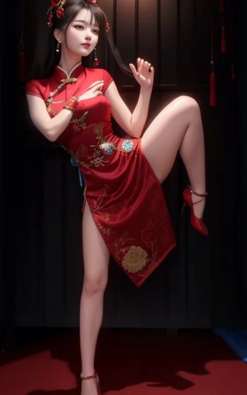 Close up portrait of woman in blue dress posing for photo, wearing a red China dress, China dress, Chinese style, sexy pose, sexy red dress, China dress, pinup pose, chinese girl, very sexy pose, inspired by Min Zhen, Chinese female, Completely red, very sexy devil costume, traditional chinese, sexy dominant pose, passionate pose