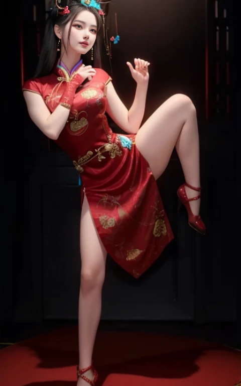 Close up portrait of woman in blue dress posing for photo, wearing a red China dress, China dress, Chinese style, sexy pose, sexy red dress, China dress, pinup pose, chinese girl, very sexy pose, inspired by Min Zhen, Chinese female, Completely red, very sexy devil costume, traditional chinese, sexy dominant pose, passionate pose