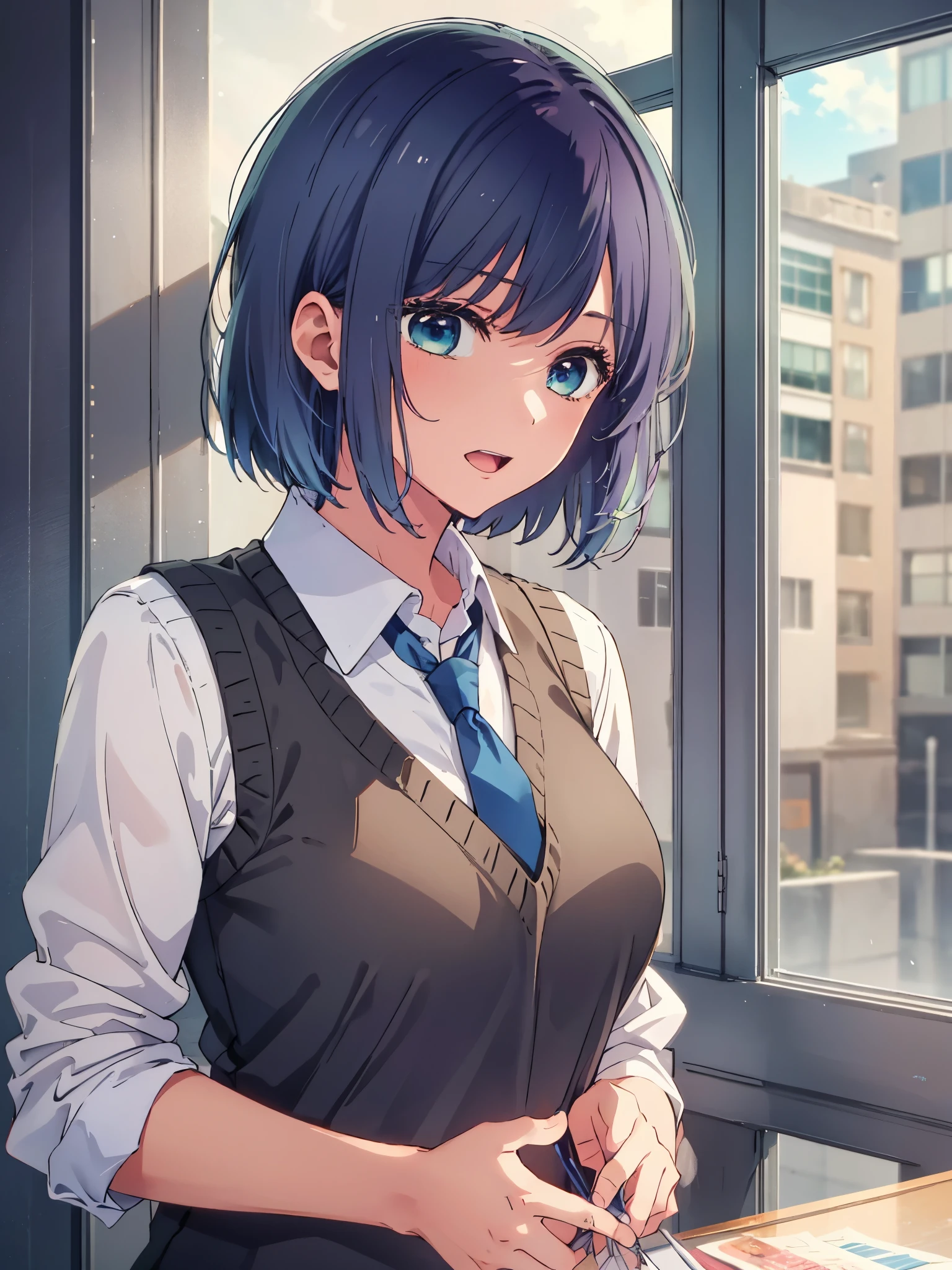 beautiful lighting, 1 girl, solo, Akane, white shirt, sweater vest, black vest, blue tie, ((anime style))、((2D))、laughter、open your mouth、(((short hair)))