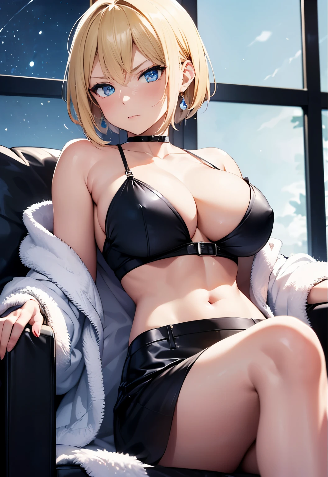 High resolution, 2D anime style,,blue eyes beautiful eyes,high and beautiful nose,Skinny face,blonde boyish short hair,cool woman,beautiful earrings,beautiful clock,Chest is slightly larger,she looks very serious,She is very angry,biting one's lips,blush,she narrows her eyes, she is biting her nails,Fashion that shows cleavage,She is trying to take off her fluffy bathrobe.,,,,sitting on the sofa,Living room at night