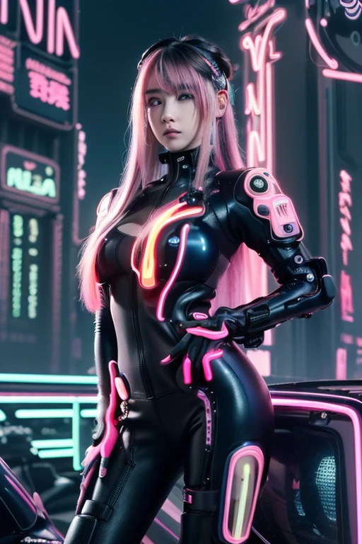 masterpiece, of the highest quality, Best Quality, Official art, Beautiful and aesthetic:1.2),(1girl in:1.4),Full body,(long pink and blue hair style),ighly detailed,(Fractal Art:1.3),(Colorful:1.5),highest details,(Mechanical modification:1.3),(corrected:1.2),Maiden,((ghost in the shell suit)), catheter,(Neon background:1.4),(Neon City:1.75),Night,Large breasts,high-heels,(:0.75),makeup,blush,(Cyberpunk:1.4),((Looking at Viewer)), (((super realistic))), perfect lighting, (dynamic pose with a motorbike), raw 8k, ((detail face)), ((beautiful face))