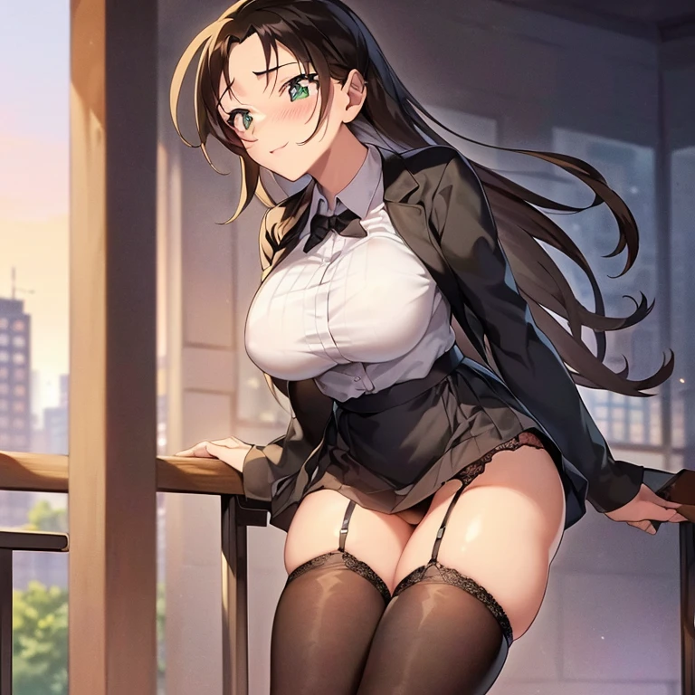 ((table top, highest quality, High resolution, nfsw, perfect pixel, 4K, nffsw, nffsw))), 1 girl, single, alone, beautiful woman、I could see the whole body、 , ((beautiful eyelashes, realistic eyes,realistic eyes)), ((detailed face, blush:1.2)), ((smooth texture:0.75, realistic texture:0.65, realistic:1.1,)), ((perfect hands,perfect fingers)),F cup, slim,dynamic angle, perfect body, ((, black jacket, open jacket, white shirt, black skirt,black tights,garter belt)), City staircase、Angle looking up from the bottom of the stairs、Very embarrassing panic smile, looked back、leaning forward、(The wind flipped my skirt and exposed my butt...........................、Touching the buttocks with both hands、Random color lace panties)、
