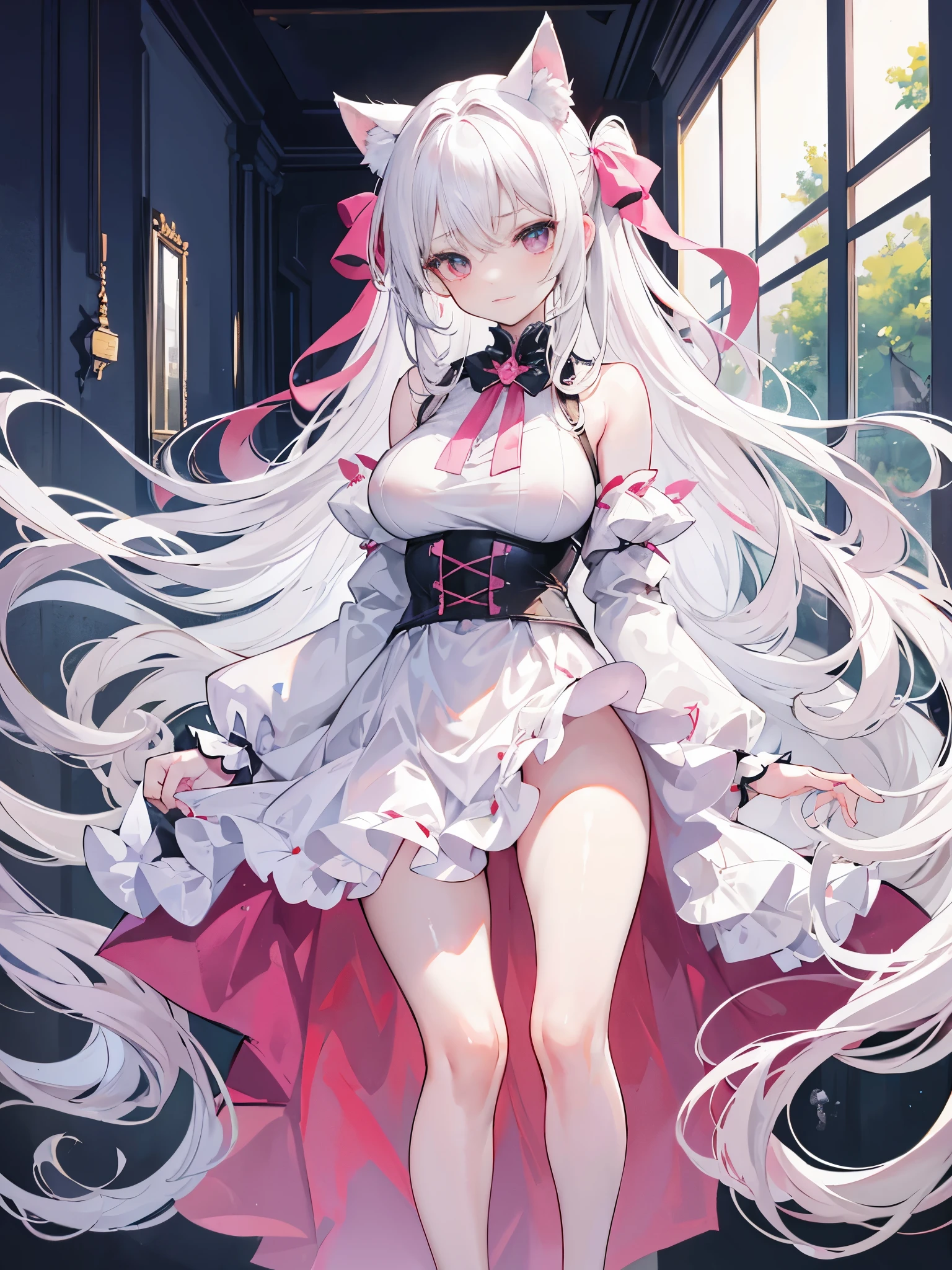 big breasts,突出big breasts,Wearing maid outfit,blush, surprise,look at me,red pupils,Lace tights,beautiful hair、 beautiful eyes、 beautiful skin、beautiful legs、beautiful arms、perfect fingers、 very cute,white hair, long hair,white cat ears, white cat tail,best quality,high resolution,top quality,pink bows,slender eyebrows,hair slightly moist,On a very large white bed, white pillows,perfect waist,Skirt has cutouts at the end,Pouting,The clothes are a little wet,,very young,18 years old,shy smile,Long messy white hair tied up,tempting pose,chiaroscuro,bare shoulders,Naked room,slit sleeves,There are a few drops of water on the breast,bare legs,barefoot,Ray tracing,disdainful expression,Lift up the skirt slightly with both hands,Beautiful girl alone,Most of the body is exposed,