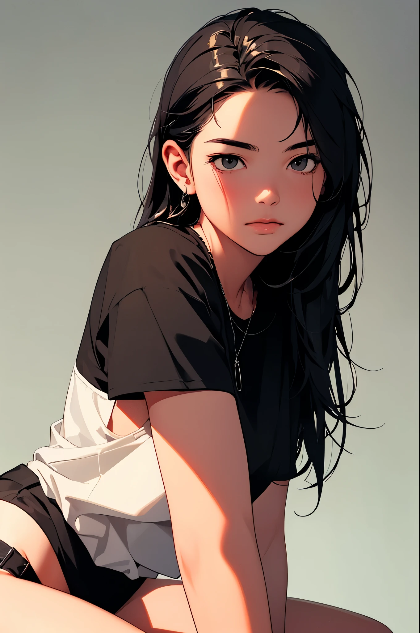 (((Masterpiece))), (portrait), Ayaka, diffused light, dynamic shadows, sharp focus, realistic, detailed, highres, absurdres, white background, (boobsqueeze), looking to the side, t-shirt, no bra, photorealistic, lifelike, wet, lips apart, kneeling