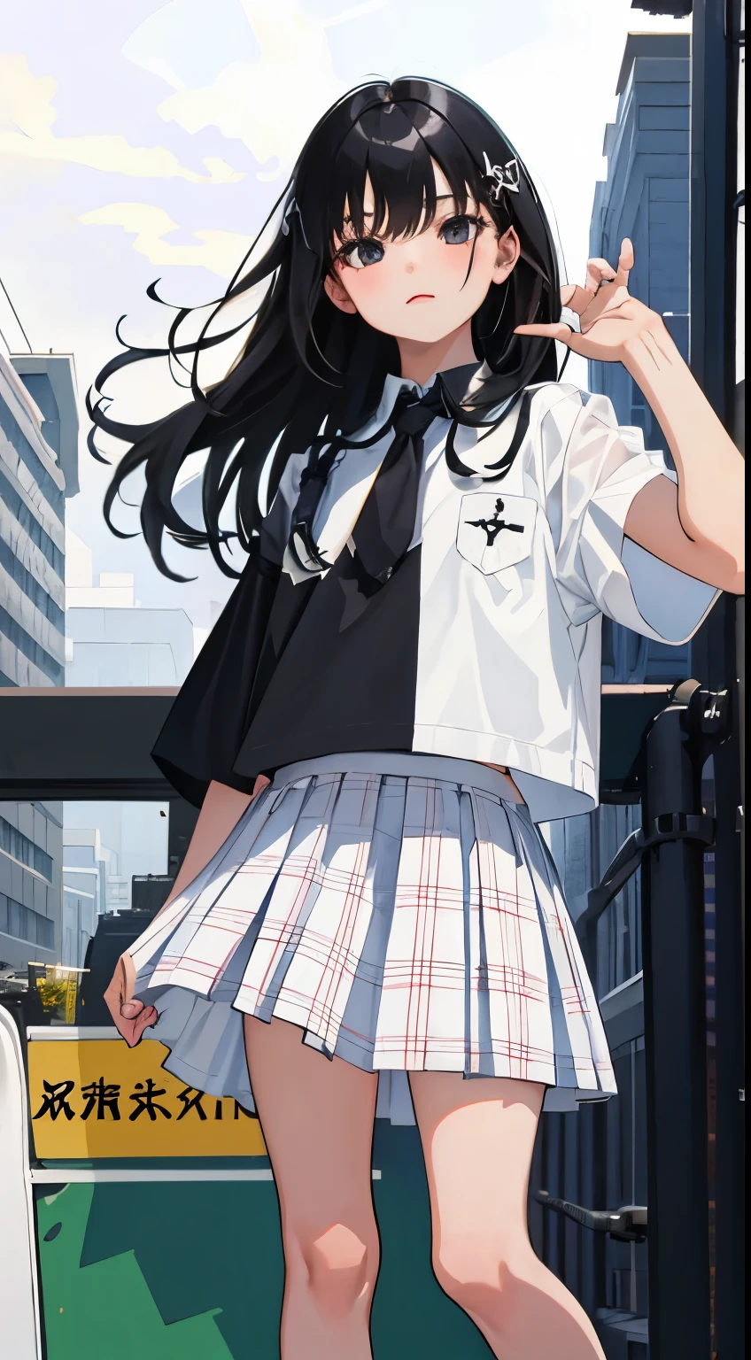 (child),(masterpiece,Top quality),White plaid pleated hort sleeve,black hair,long hair,Game Center