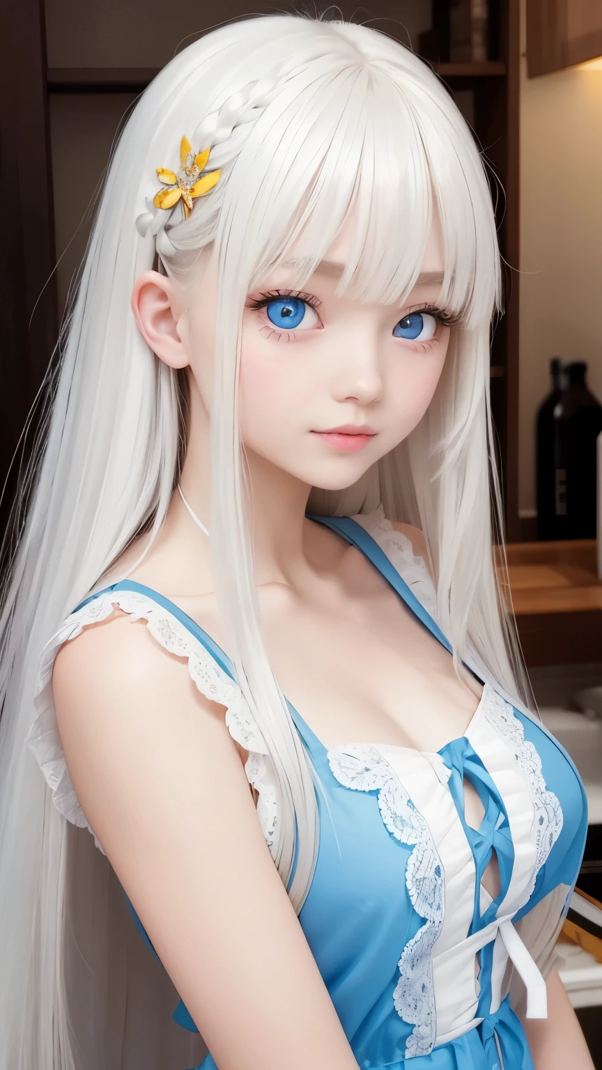 bright look、photorealism、highest quality、Super high resolution、picture、Photo of an exquisitely beautiful Scandinavian girl、extraordinary beautiful girl、cute and beautiful face details、(Pueros face_v1:0.008)、beautiful bangs、alice in wonderland、18-year-old、Shining white skin、hair run that extends to the face、bangs between the eyes、super long hair、Attractive light and dark platinum blonde super long straight silky hair、thin hair、Charming shining beautiful bright clear light blue big eyes、white apron、yellow dress、eyeliner、double eyelid、rich bust