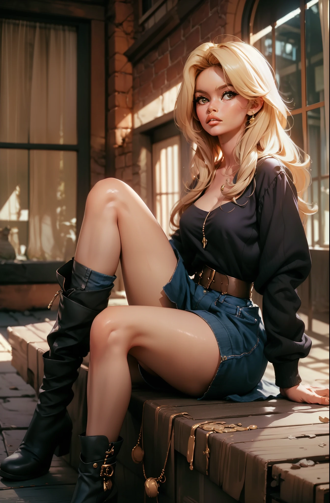 ((bbardot aesthetic)), ((masterpiece)),(((best quality))), ((mature face)), defined cheekbones, high cheekbones, illustration, boots, perfect legs, perfect thighs, perfect feet