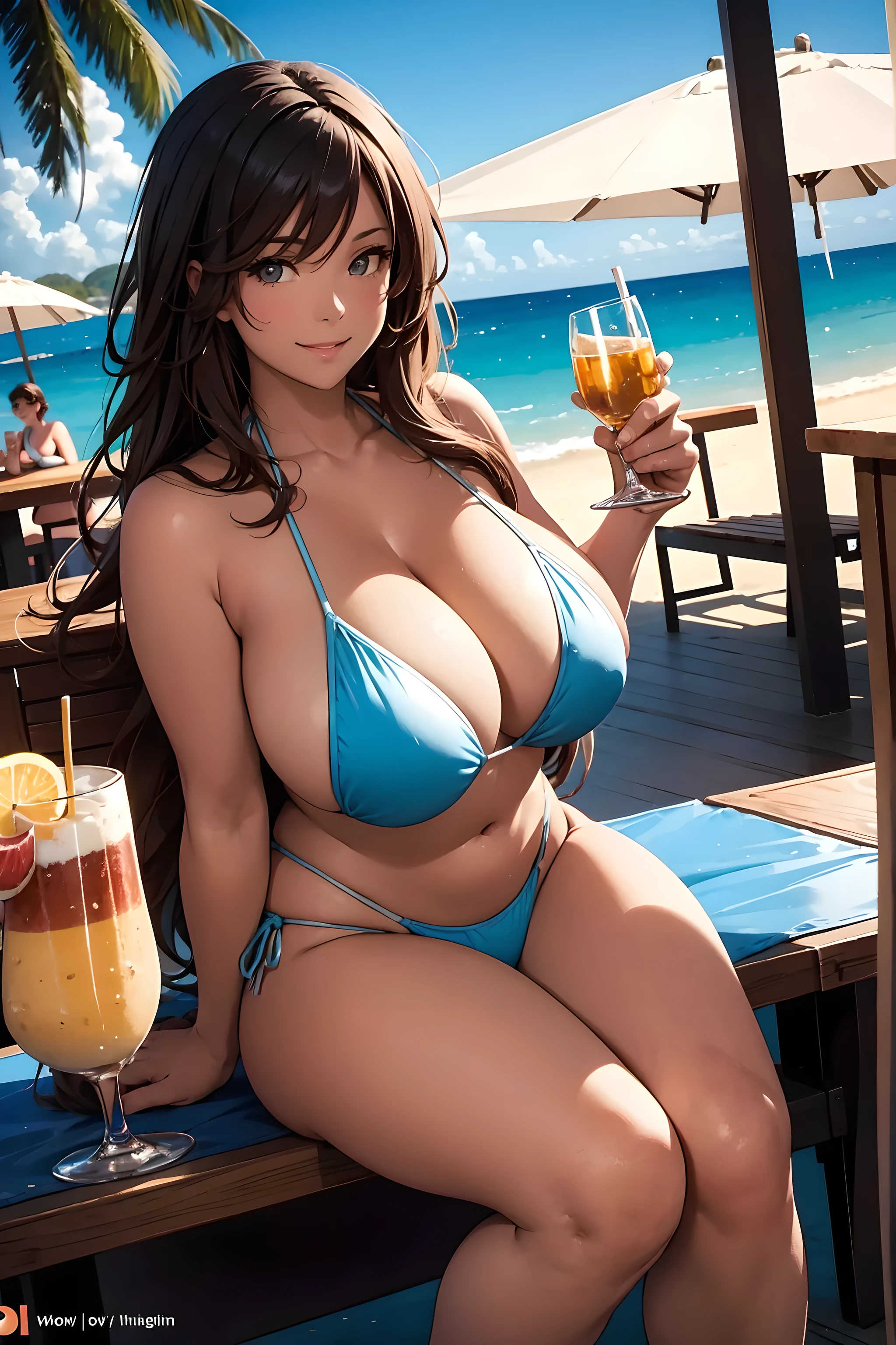 Low angle shot, Scene of a woman with a curvy body sitting at the beach bar, drinking, light smile, metallic bikini, summer, Cinematic Lighting