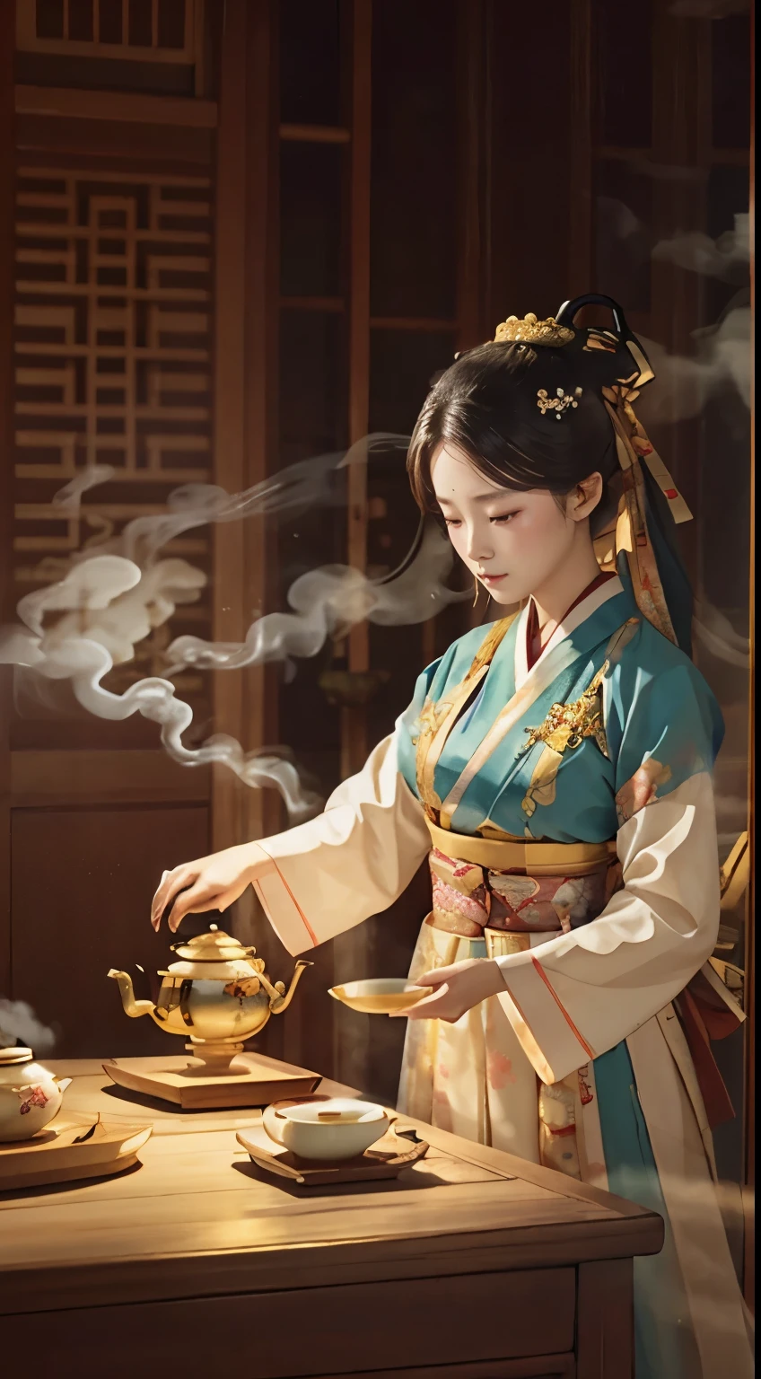 nobles in traditional costumes (hanbok) for the Tea Ceremony in Korea 1392. Steaming Tea Cup, Slowly Rising Steam, Delicate Porcelain Tea Cup, Tea Aroma, Gentle Rising Steam, Infused to Perfection, Stirring Spoon, Sugar Cubes, Delicate Teapot, Meticulously Painted Ceramic, exquisite craftsmanship, realistic representation of liquid, subtle reflections of light, sublime details, captivating work. Best quality, Super detail.