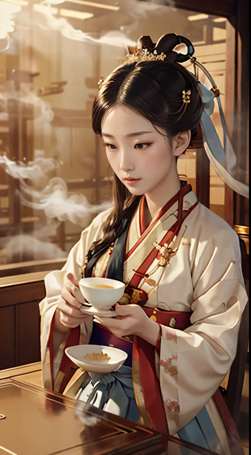 nobles in traditional costumes (hanbok) for the Tea Ceremony in Korea 1392. Steaming Tea Cup, Slowly Rising Steam, Delicate Porcelain Tea Cup, Tea Aroma, Gentle Rising Steam, Infused to Perfection, Stirring Spoon, Sugar Cubes, Delicate Teapot, Meticulously Painted Ceramic, exquisite craftsmanship, realistic representation of liquid, subtle reflections of light, sublime details, captivating work. Best quality, Super detail.