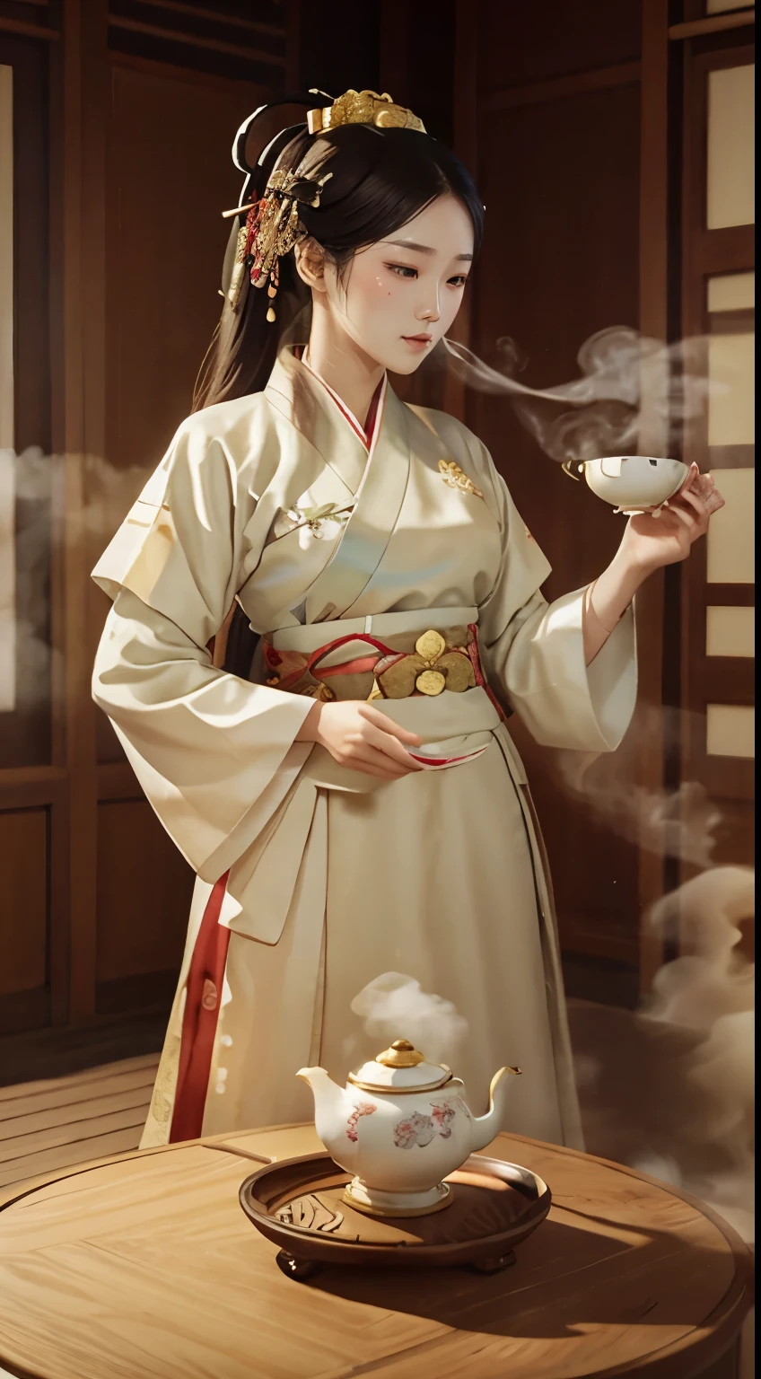 nobles in traditional costumes (hanbok) for the Tea Ceremony in Korea 1392. Steaming Tea Cup, Slowly Rising Steam, Delicate Porcelain Tea Cup, Tea Aroma, Gentle Rising Steam, Infused to Perfection, Stirring Spoon, Sugar Cubes, Delicate Teapot, Meticulously Painted Ceramic, exquisite craftsmanship, realistic representation of liquid, subtle reflections of light, sublime details, captivating work. Best quality, Super detail.