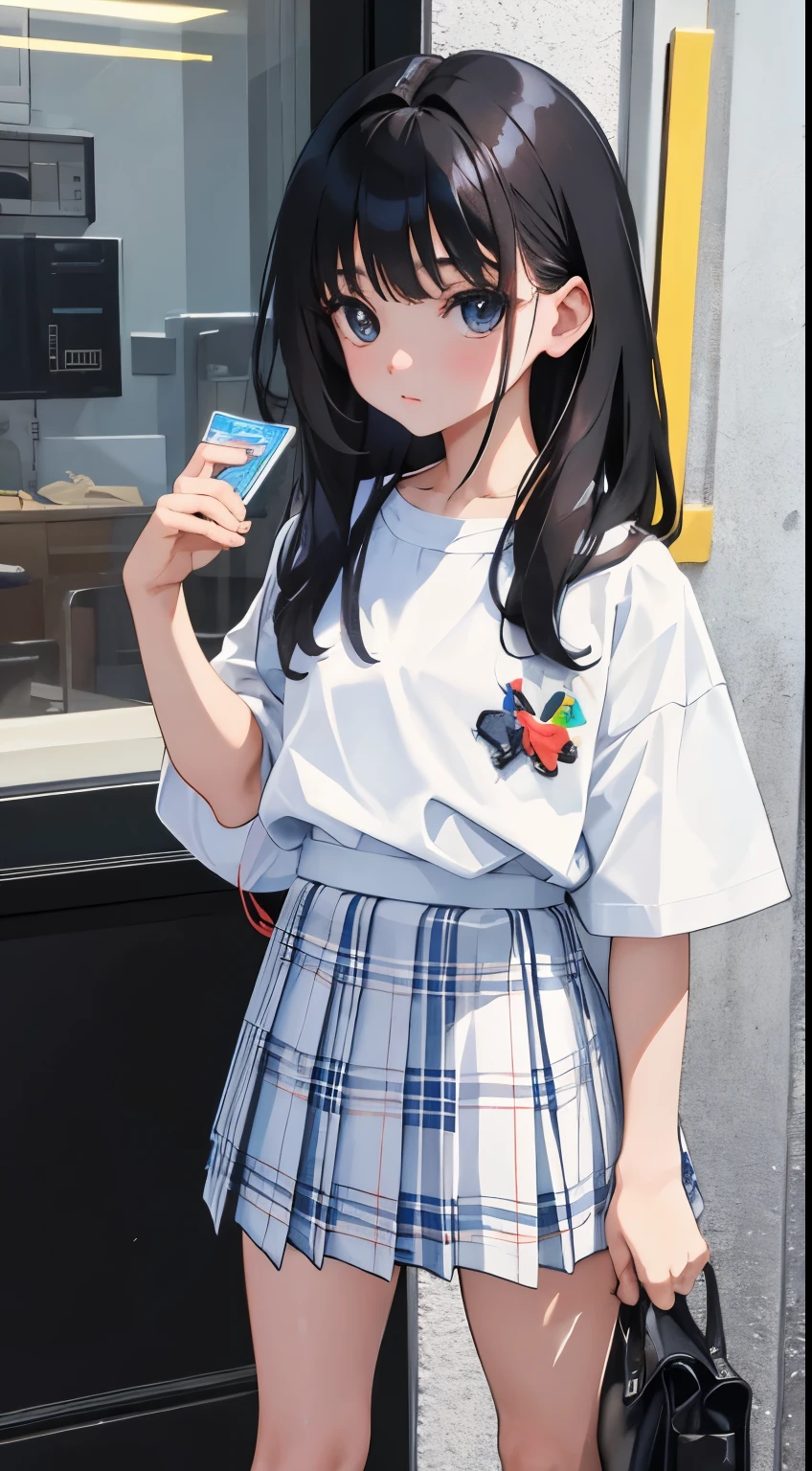 ()，（masterpiece，Top quality)，White plaid pleated hort sleeve，black hair，long hair,intersection