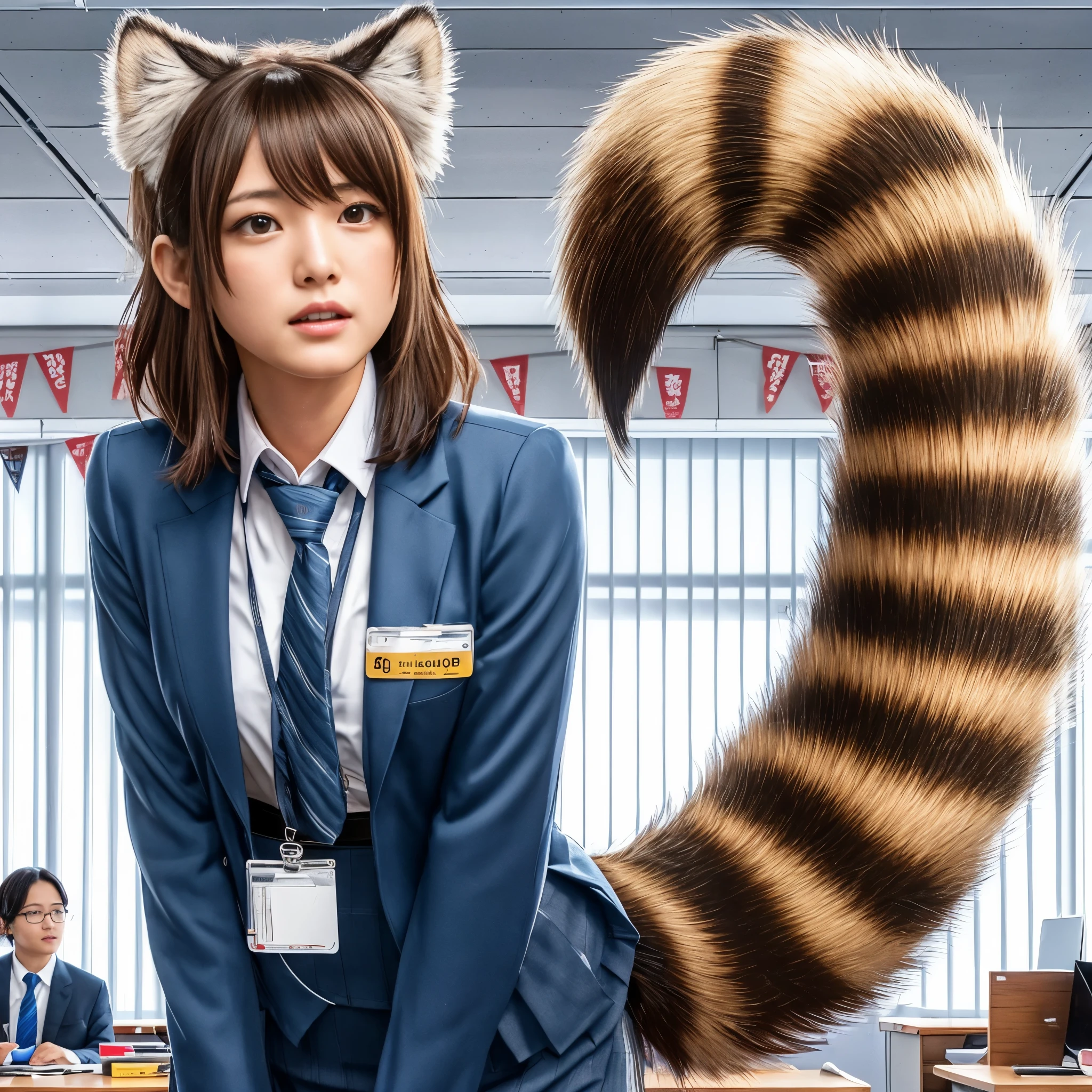 woman stands with a tanuki tail, (software) safe for work, fur with tail, software version, coworkers, realistic style, , realistic style , beautiful girl, photograph, 最high quality, (Her skirt is flipped up and her tail is visible.:1.8) ,Reality, small breasts, slender, white panties,tail from above panties, Tail from inside the skirt, bushy tail, realistic tail, flat chest, (software) safe for work, nffsw, retina, muste piece, Accurate, anatomically correct, super detail, advanced details, high quality, 最high quality, High resolution, 1080p, 4k, 8K, The tail is sticking out from inside the skirt, long tail, surprised face, crying face,