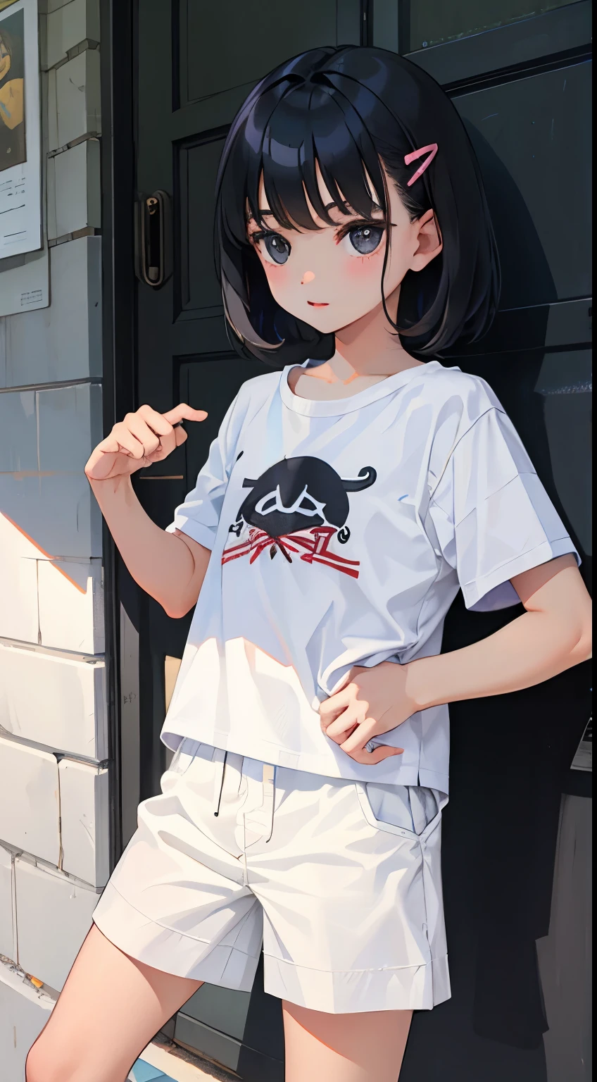 (child)，（masterpiece，Top quality)，White plaid shorts，short sleeve，black hair