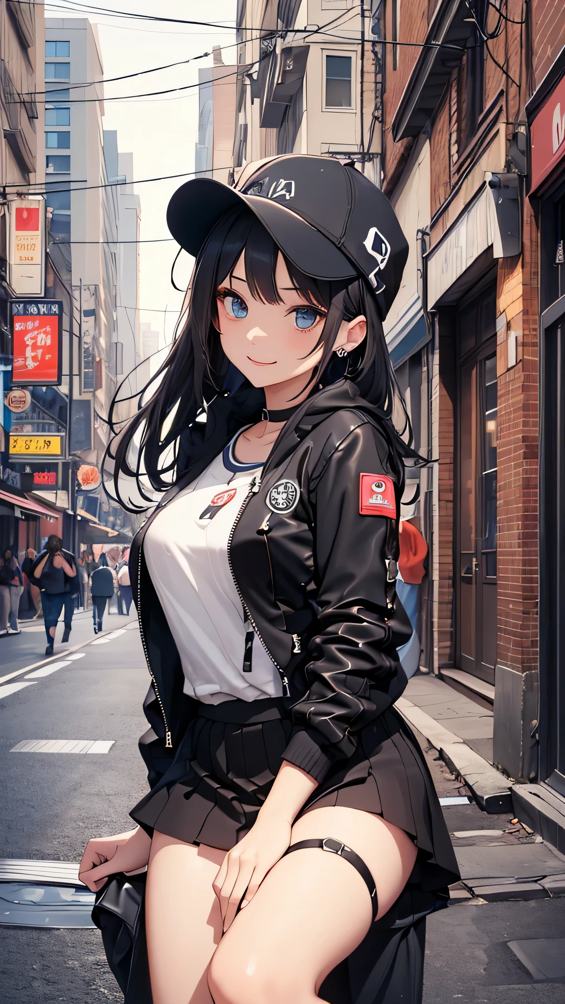 最high quality、best image quality、masterpiece、teenage girl((18-year-old、 By becoming、vest bust、medium bust,wide open breast tea、black eye, black hair、long hair、thin,highest valley、black hoodie(2:3),white skirt、sit、open thighs、cute blue hat、leaning forward(2:3),smile、put your hands behind your back)),high quality、beautiful art、background((City of night、Restaurant Area)),debris flies、Depth of written boundary、movie、visual art、perfect art、8K,genuine