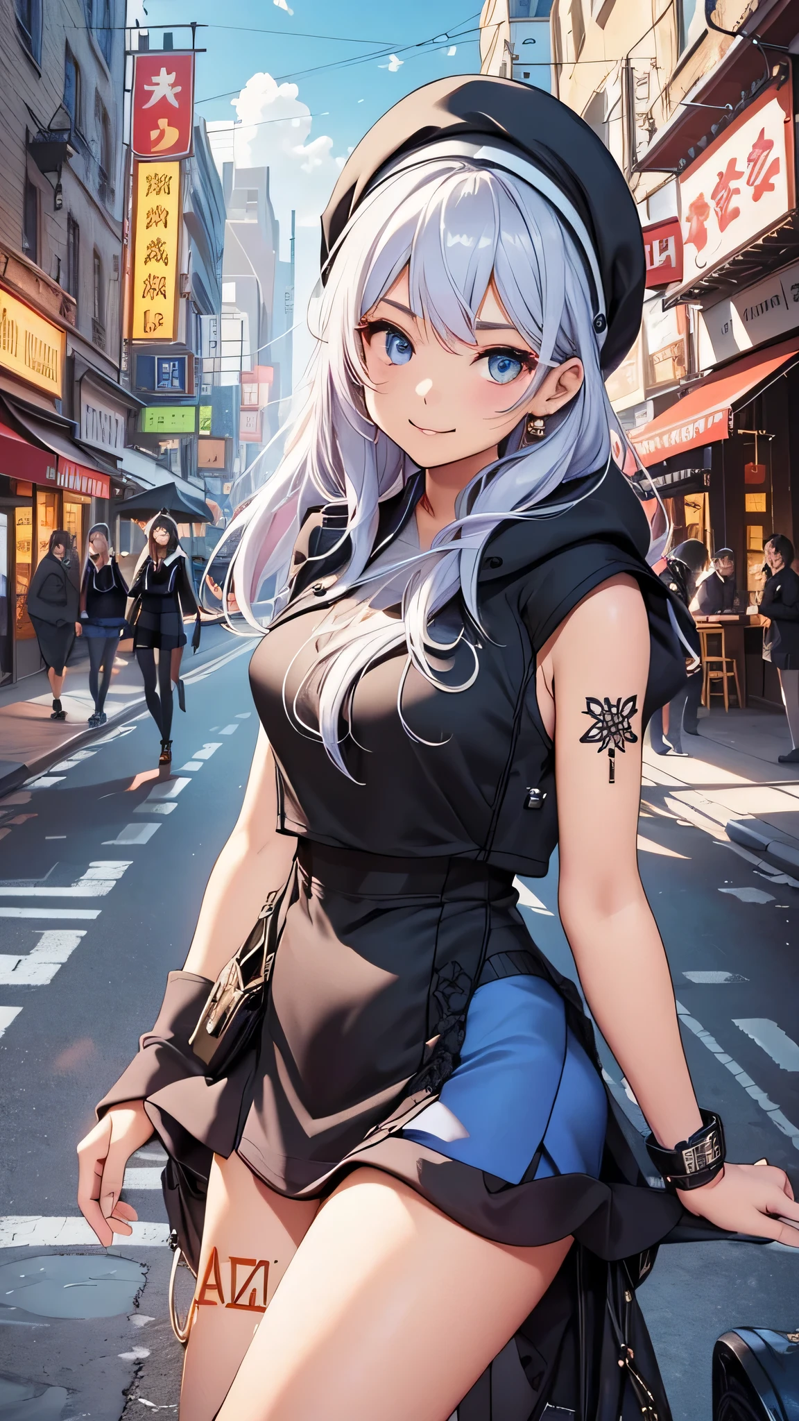 最high quality、best image quality、masterpiece、age girl((18-year-old、 By becoming、vest bust、medium bust,wide open breast tea、black eye, black hair、long hair、thin,highest valley、black hoodie(2:3),white skirt、sit、open thighs、cute blue hat、leaning forward(2:3),smile、put your hands behind your back)),high quality、beautiful art、background((City of night、Restaurant Area)),debris flies、Depth of written boundary、movie、visual art、perfect art、8K,genuine