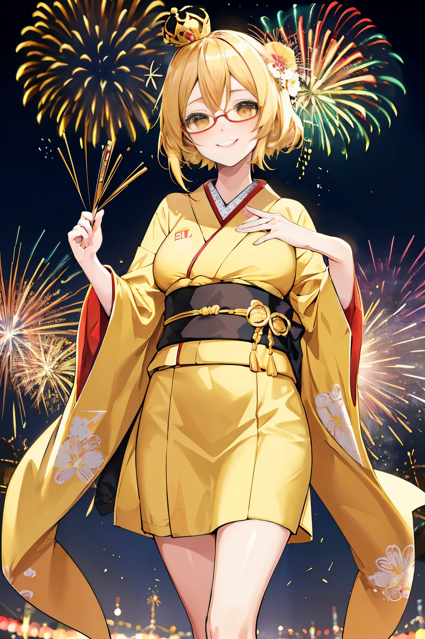 "anime girl, 1 person, bright blonde hair, yellow eyes, glasses, crown on head, female kimono, yellow kimono with black trim with intricate patterns, big breasts, long stockings, standing cross-legged, angle view from different directions, solo, smiled gently, blushing, festival, night, New Year's Eve fireworks, watching fireworks (full HD 4K+ image)"